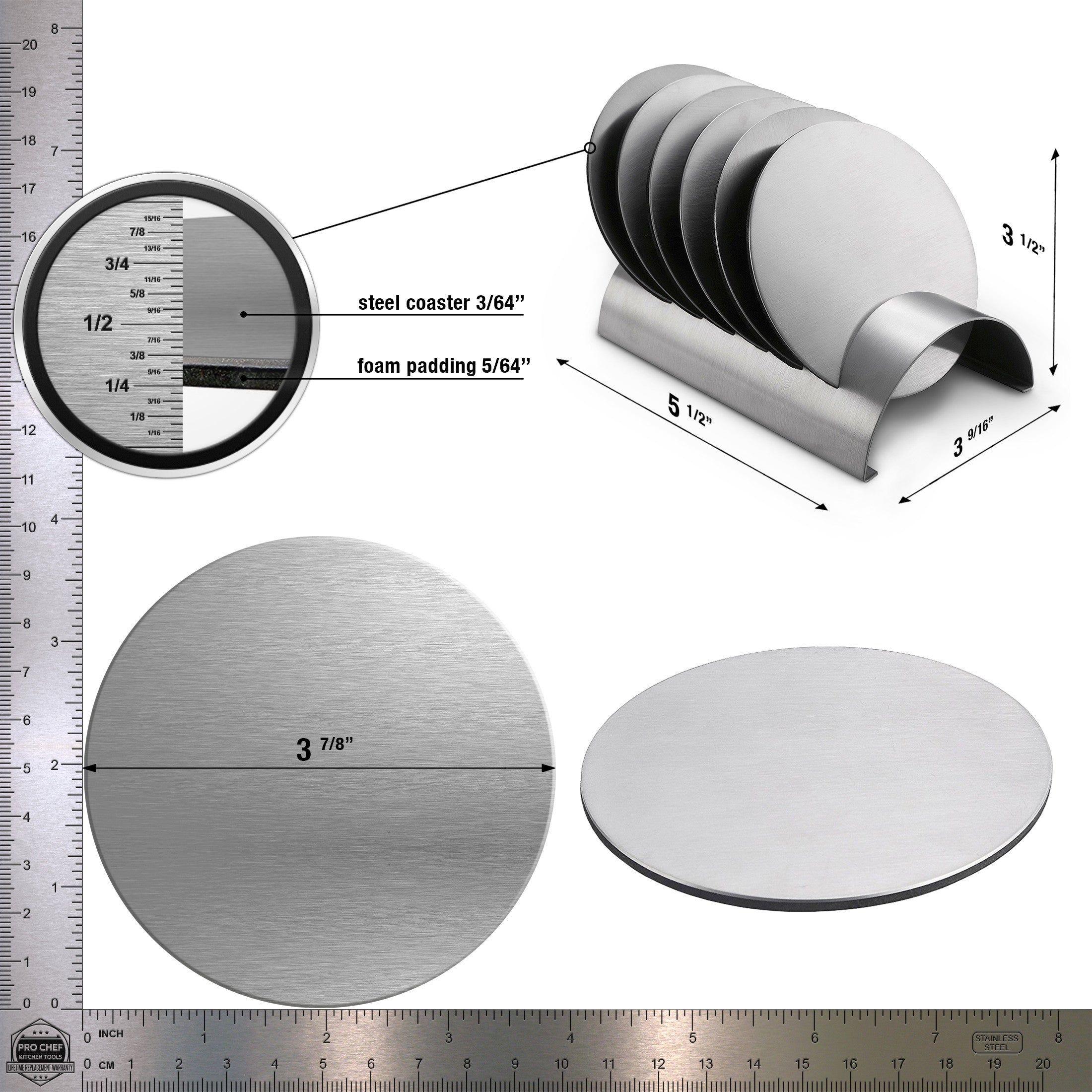 Pro Chef Kitchen Tools Stainless Steel Drink Coaster Set - Prevent Stains and Scratches with 6 Round Table Coasters for Glasses, Bar Drinks, Mugs, Coffee Cups, Tea, Wine, Beverages