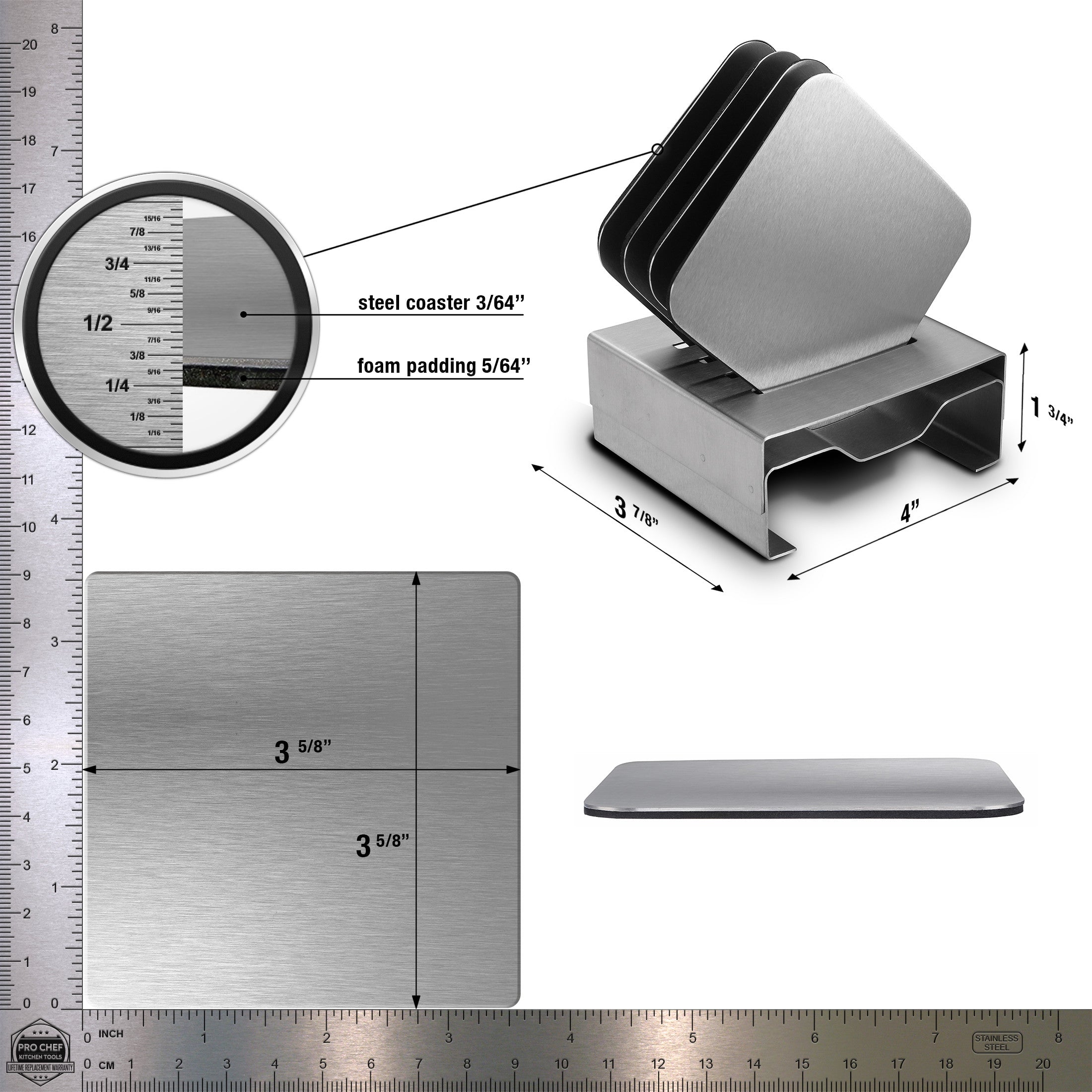 Square Coasters For Drinks - Bar Accessories Coaster Set With Holder For Coffee Table Decor - Stainless Steel Drink Mats Protect Your Furniture From Mugs And Glasses by Pro Chef Kitchen Tools