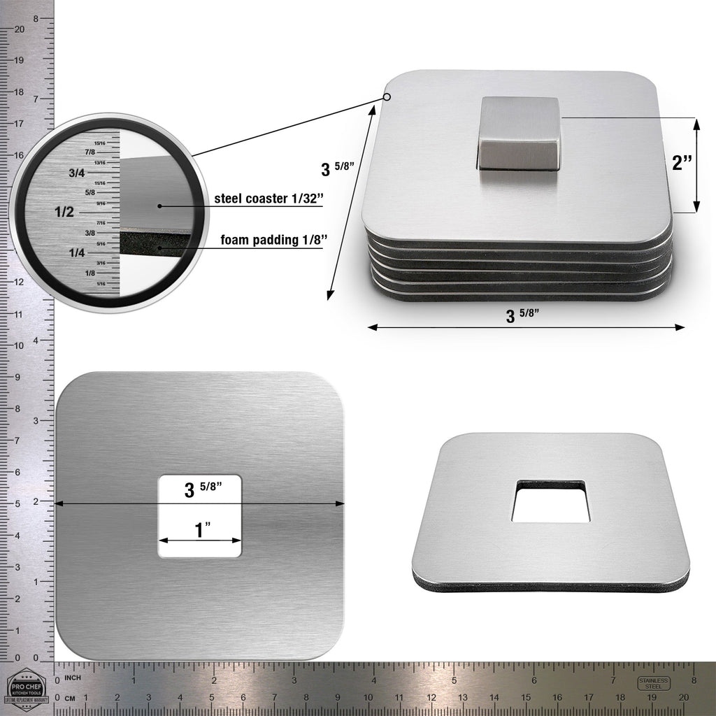 Pro Chef Kitchen Tools Stainless Steel Table Coaster Set - 6 Square Coasters to Prevent Stains and Scratches by Juices, Beverages, Glasses, Bar Drinks, Mugs, Coffee Cups, Wine Stemware