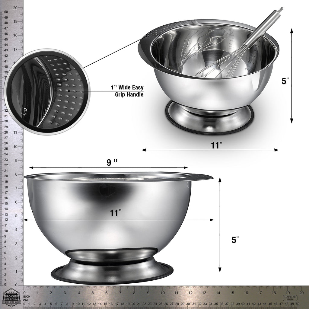 Pro Chef Kitchen Tools Stainless Steel Mixing Bowl - Heavy Duty, Large 3.5 Quart Capacity Wide Prep Bowl Easy To Clean, Oder and Stain Resistant, Retains Heat, Skid Proof Includes Bonus Wire Whisk