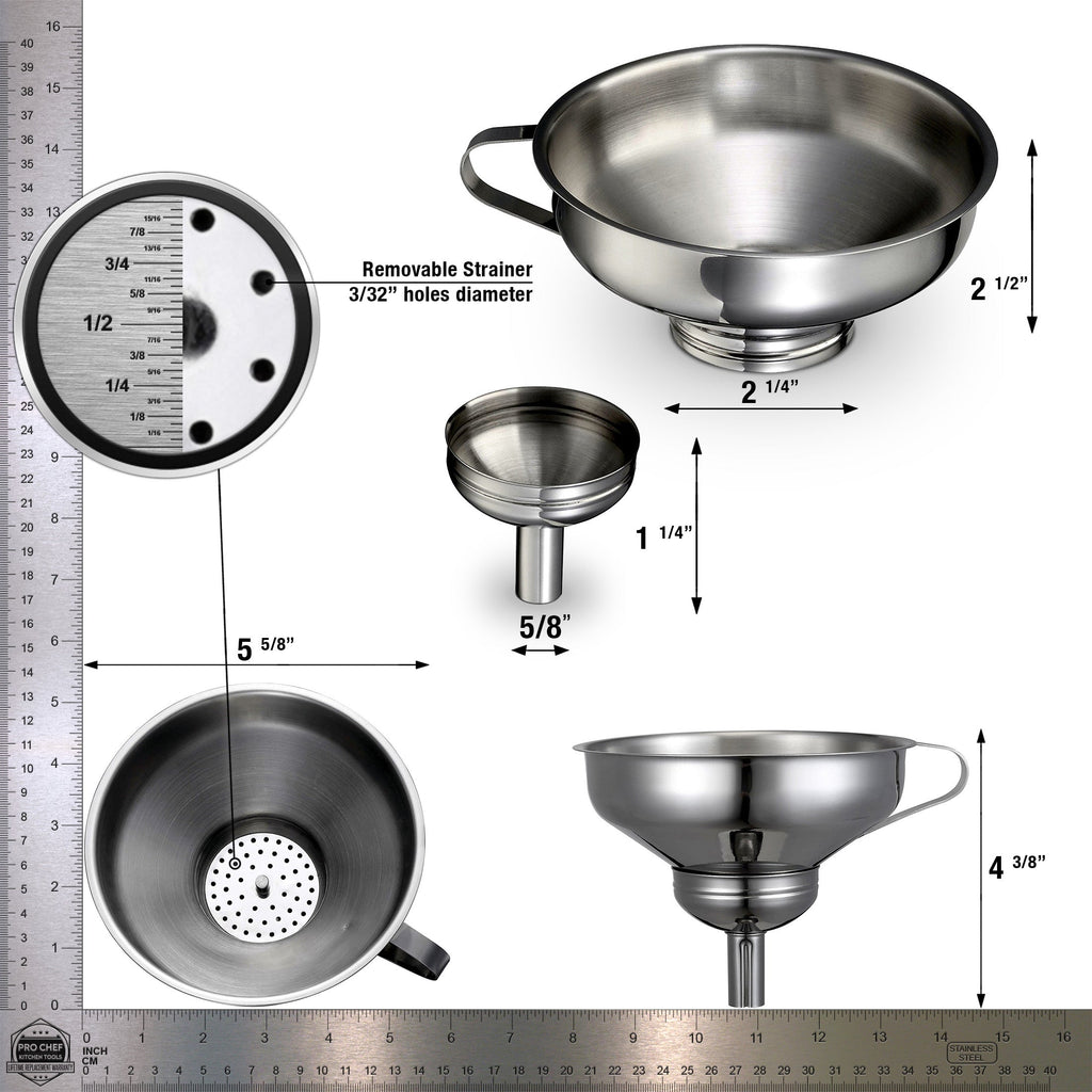 Pro Chef Kitchen Tools Stainless Steel Large Metal Funnel - 2 in 1 Combo Set for Cooking, Canning, Oils, Wine with Removable Strainer Converts to Wide Mouth Funnel when Small Funnel Detached