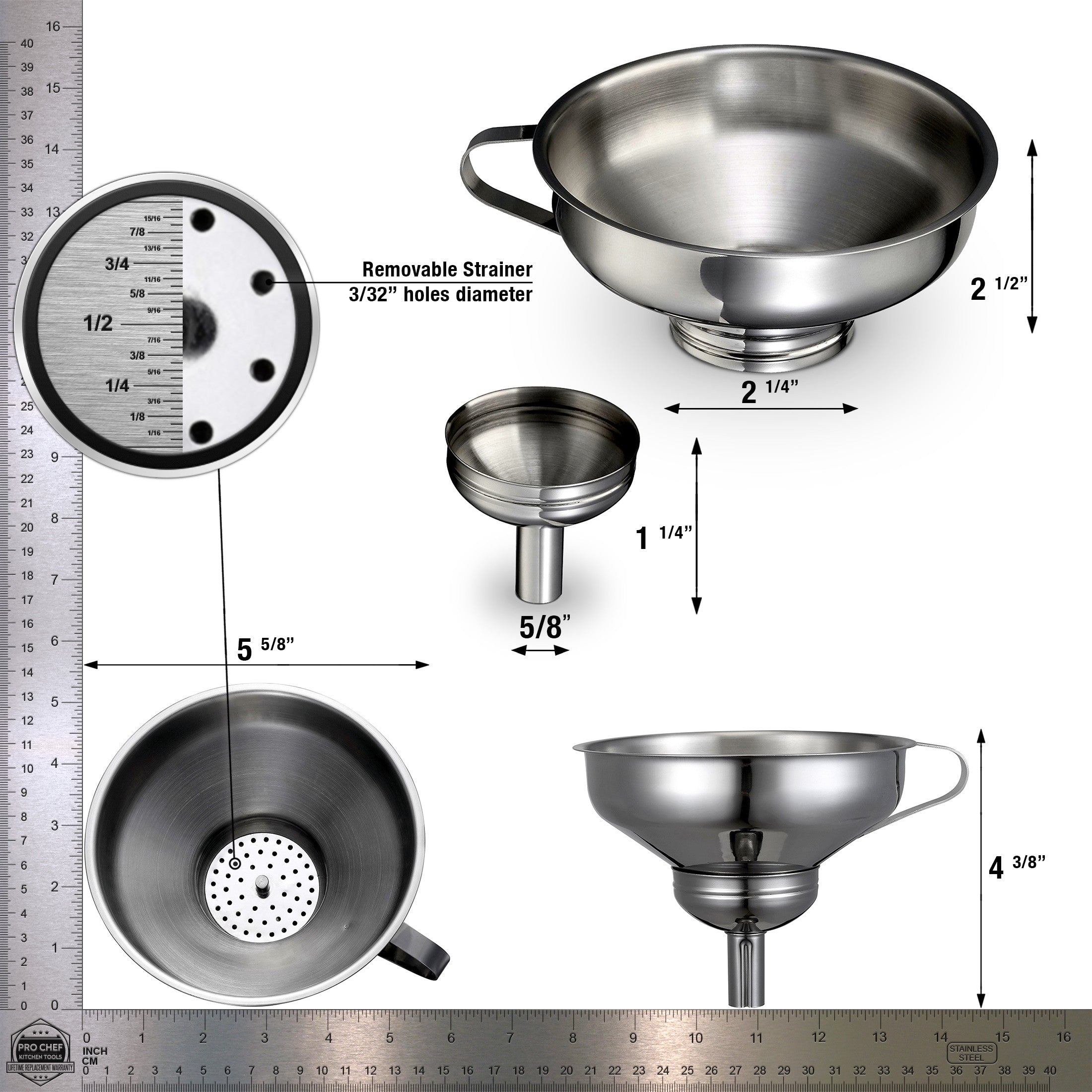 Pro Chef Kitchen Tools Stainless Steel Large Metal Funnel - 2 in 1 Combo Set for Cooking, Canning, Oils, Wine with Removable Strainer Converts to Wide Mouth Funnel when Small Funnel Detached