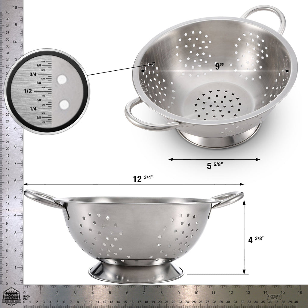 Pro Chef Kitchen Tools Stainless Steel Colander Strainer - Metal Kitchen Sink Pasta Drainer with Wide Grip Basket Handles to Strain Large Pots Noodles, Wash Berries, Fruits, Vegetables, Salads