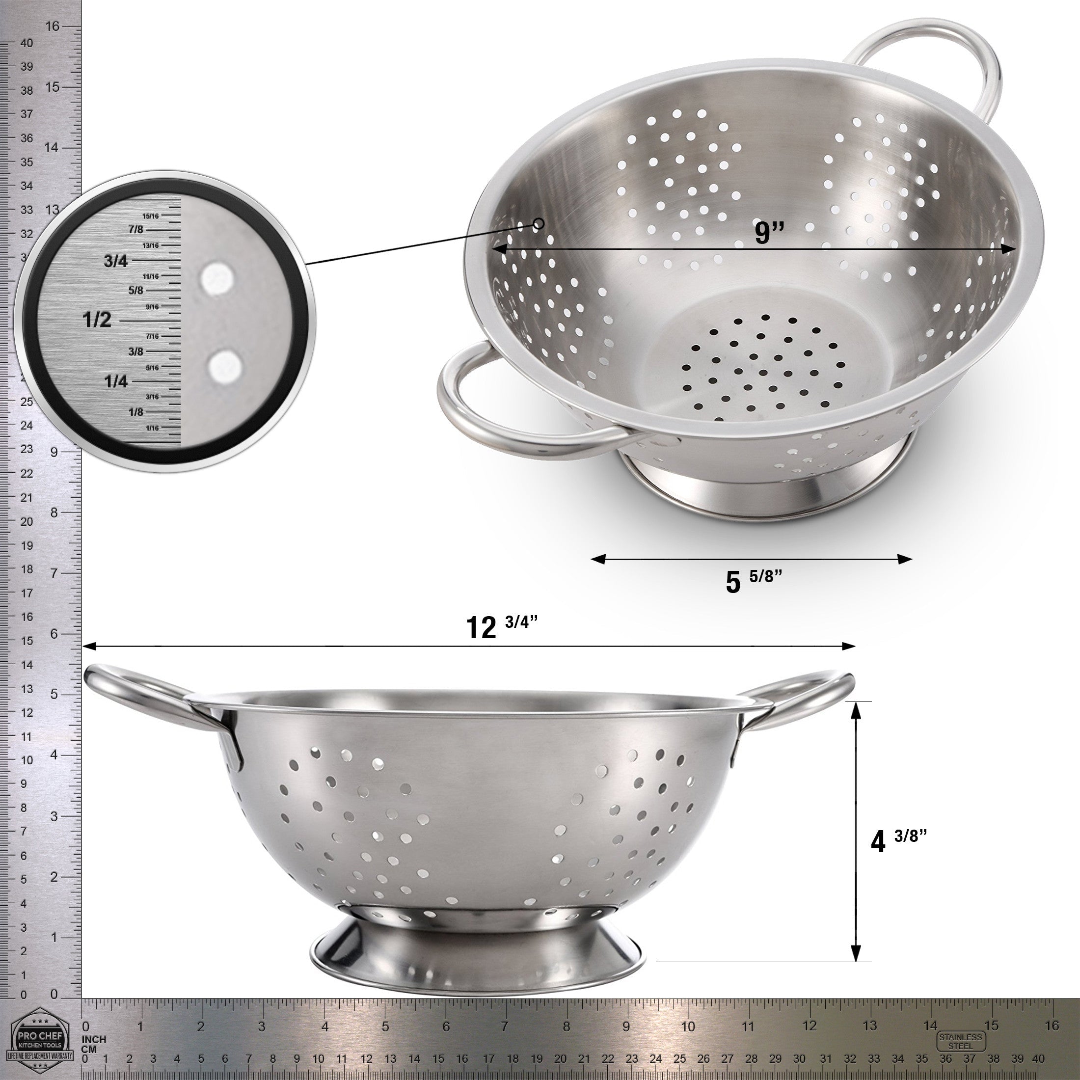 Pro Chef Kitchen Tools Stainless Steel Colander Strainer - Metal Kitchen Sink Pasta Drainer with Wide Grip Basket Handles to Strain Large Pots Noodles, Wash Berries, Fruits, Vegetables, Salads