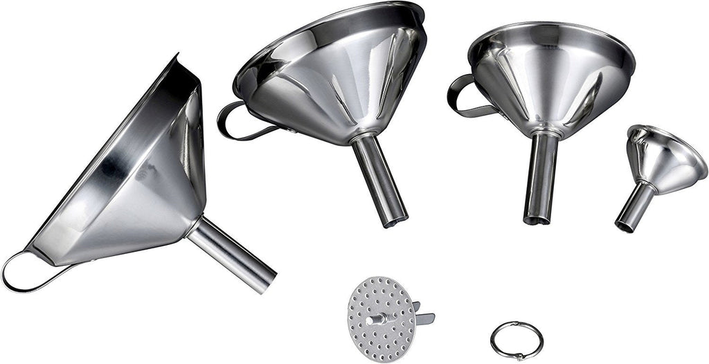 Pro Chef Kitchen Tools Stainless Steel Funnel Set - Removable Strainers in 3 Perfect Sizes Large to Small Funnels for Cooking, Essential Oils and Wine Making with Bonus Tiny Mini Flask Metal Funnel