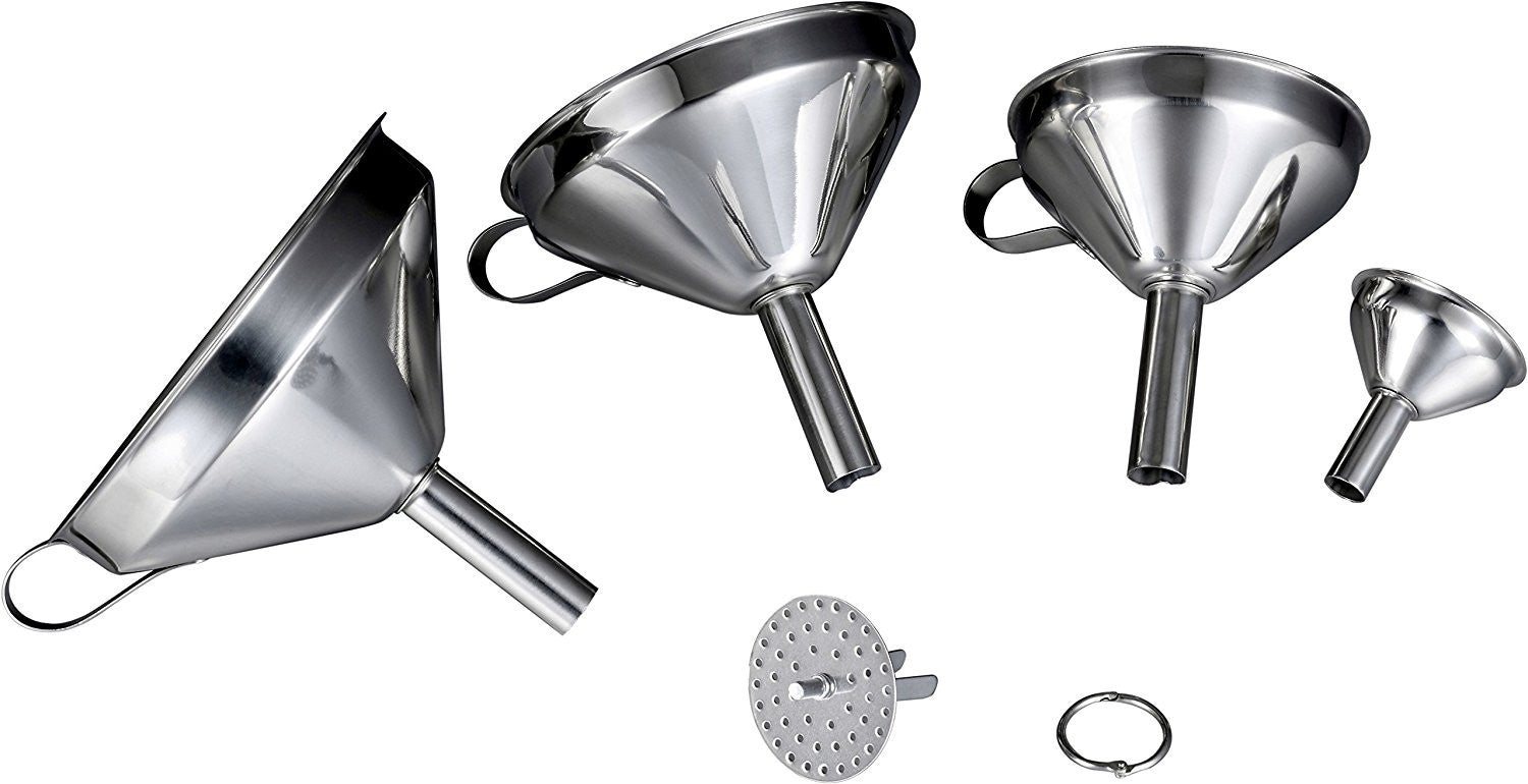 Pro Chef Kitchen Tools Stainless Steel Funnel Set - Removable Strainers in 3 Perfect Sizes Large to Small Funnels for Cooking, Essential Oils and Wine Making with Bonus Tiny Mini Flask Metal Funnel