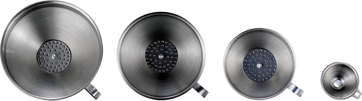 Pro Chef Kitchen Tools Stainless Steel Funnel Set - Removable Strainers in 3 Perfect Sizes Large to Small Funnels for Cooking, Essential Oils and Wine Making with Bonus Tiny Mini Flask Metal Funnel
