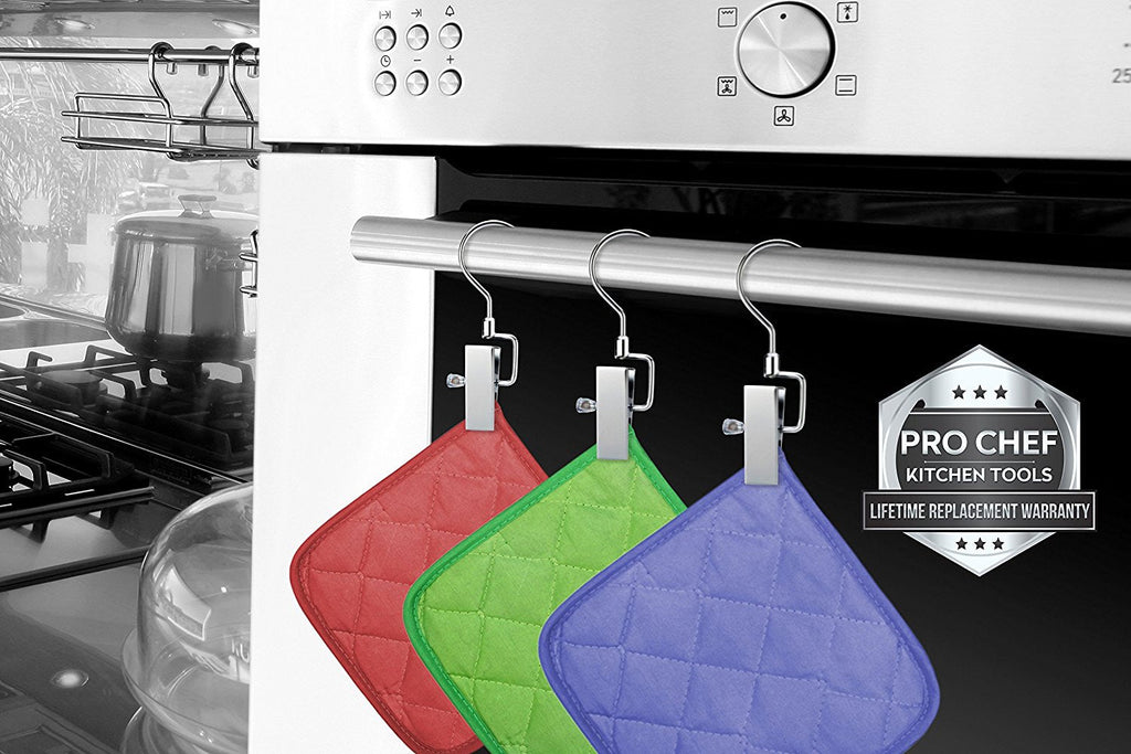 Pro Chef Kitchen Tools Stainless Steel Hanging Swivel Clip Hook - Set of 10 Swiveling Spring Clips with Hooks to Display Hang Boots, Caps, Hats, Laundry Hanger Metal Clothespin Clamps Replacement