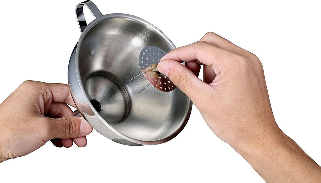 Pro Chef Kitchen Tools Stainless Steel Large Metal Funnel - 2 in 1 Combo Set for Cooking, Canning, Oils, Wine with Removable Strainer Converts to Wide Mouth Funnel when Small Funnel Detached