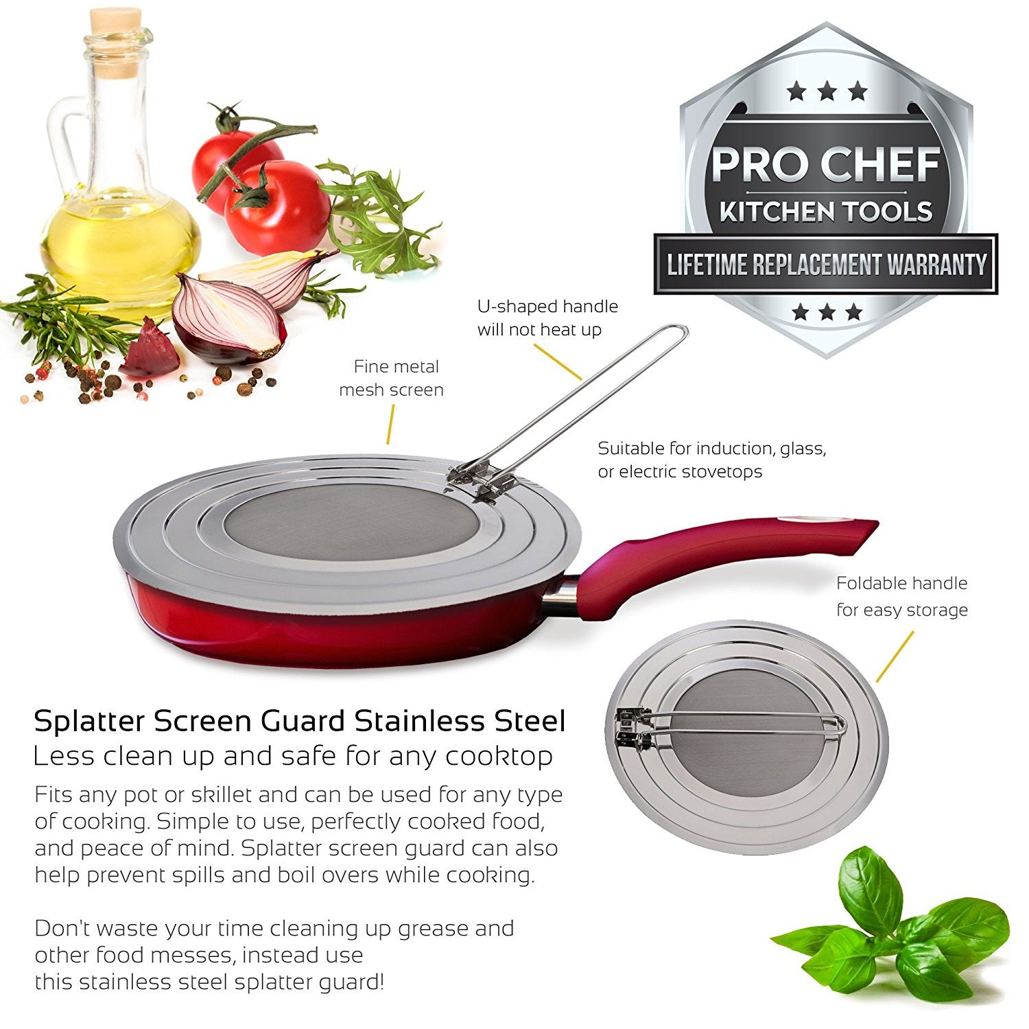 Pro Chef Kitchen Tools Stainless Steel Grease Splatter Screen - Eliminate Mess and Prevent Hot Oil Burns and Stains When Pan Frying Bacon or Sauteing With Instant Pot As a Replacement Lid