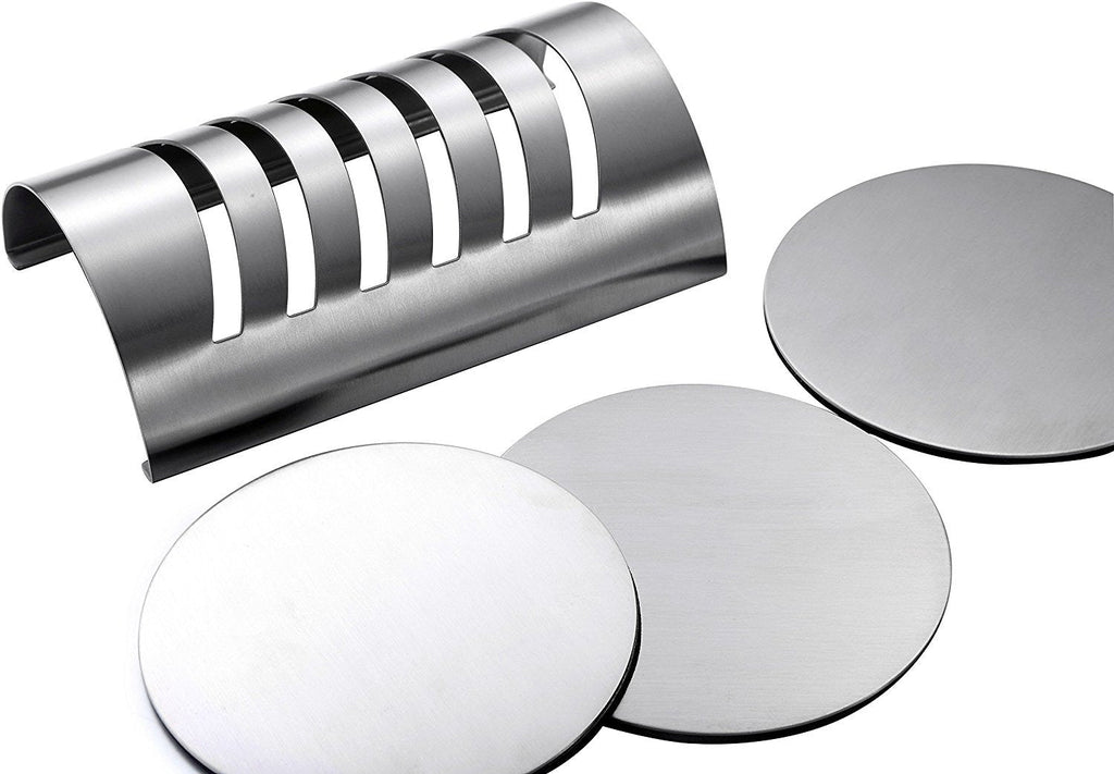 Pro Chef Kitchen Tools Stainless Steel Drink Coaster Set - Prevent Stains and Scratches with 6 Round Table Coasters for Glasses, Bar Drinks, Mugs, Coffee Cups, Tea, Wine, Beverages