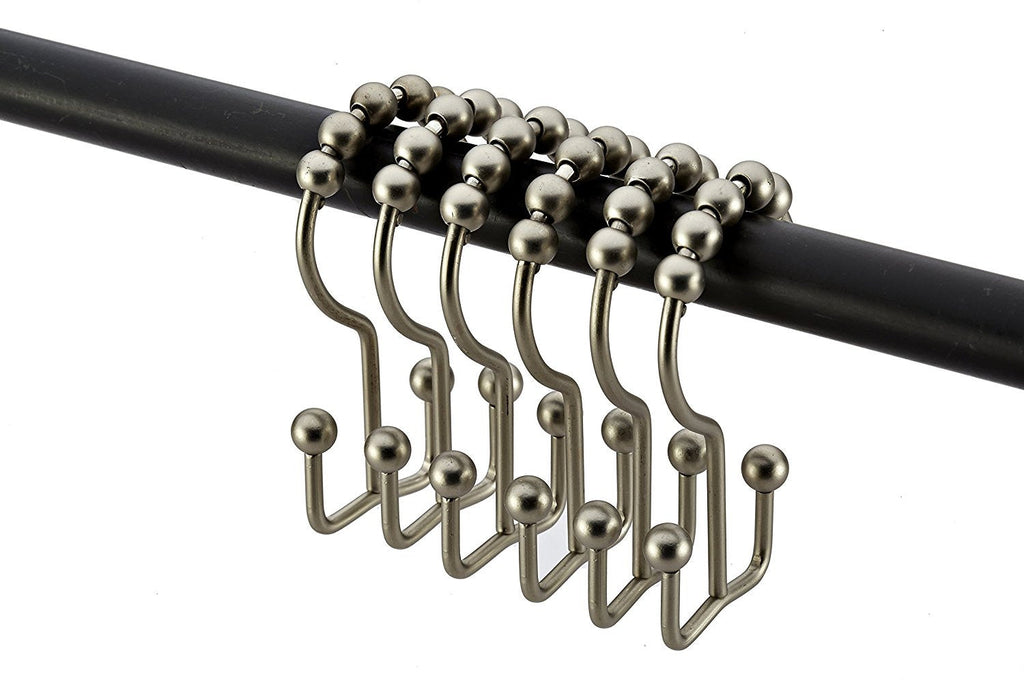Pro Chef Kitchen Tools Brushed Nickel Roller Shower Curtain Rings - 12 Pack Set of Double Hook Rollerball for Liners and Curtains to Smoothly Glide Open and Closed on Straight and Curved Rods