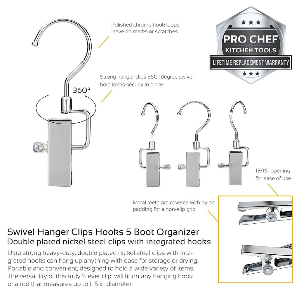 Pro Chef Kitchen Tools Stainless Steel Hanging Swivel Clip Hook - Set of 10 Swiveling Spring Clips with Hooks to Display Hang Boots, Caps, Hats, Laundry Hanger Metal Clothespin Clamps Replacement