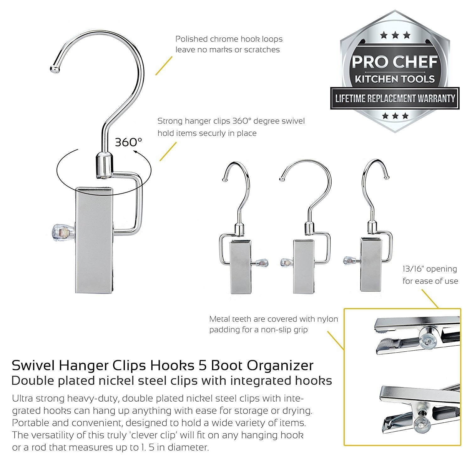 Pro Chef Kitchen Tools Stainless Steel Hanging Swivel Clip Hook - Set of 10 Swiveling Spring Clips with Hooks to Display Hang Boots, Caps, Hats, Laundry Hanger Metal Clothespin Clamps Replacement