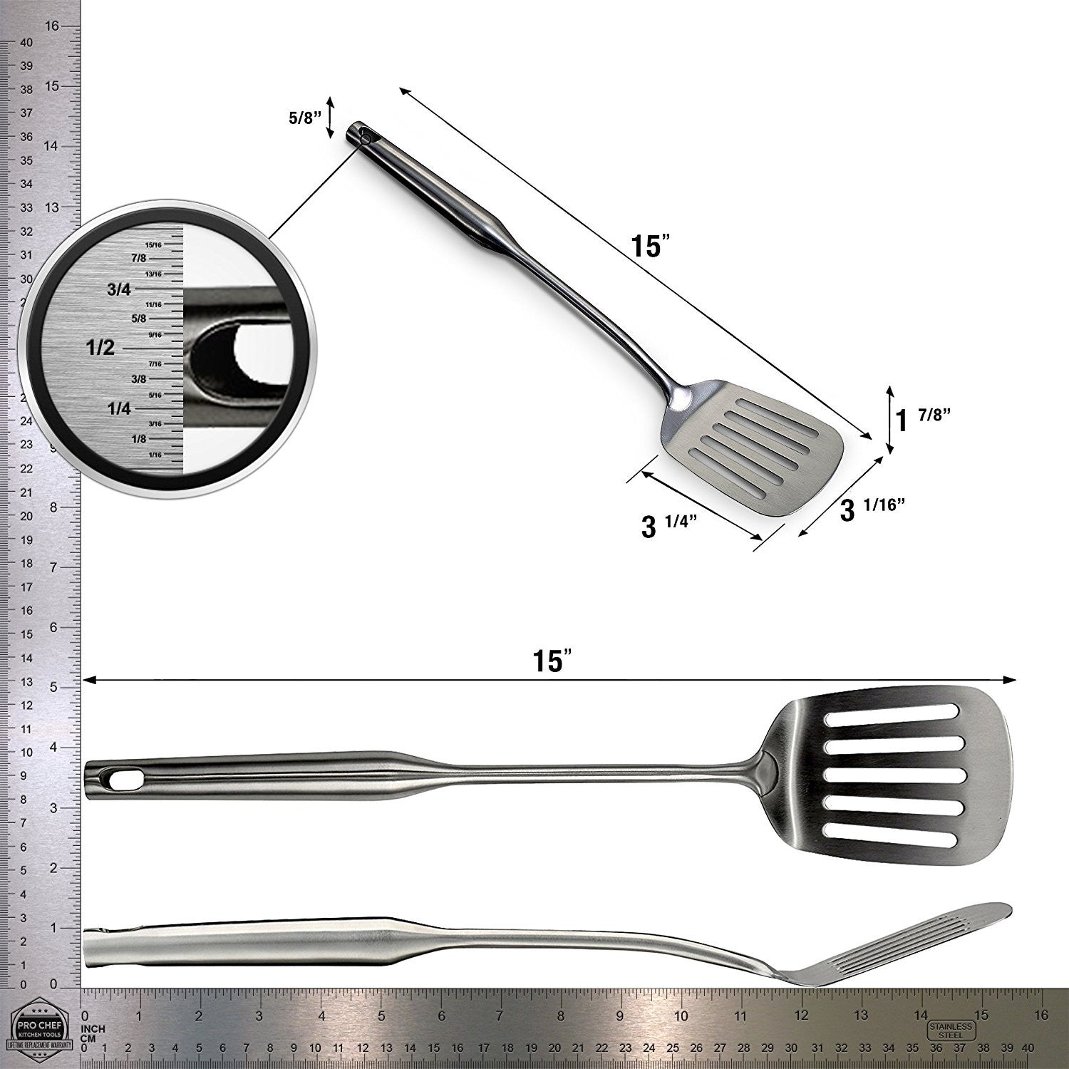 Slotted Turner Grill Spatulas - Big Metal Spatula - Burger Flipper Fish Turner - Wok Cooking Pancake Griddle - Heavy Duty Commercial Restaurant Quality Stainless Steel Utensils by Pro Chef Kitchen Tools