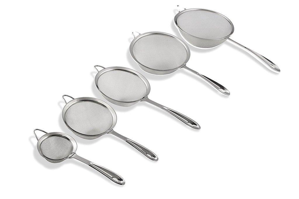 Pro Chef Kitchen Tools Stainless Steel Fine Mesh Strainer Set - 5 Essential Cooking Sieve Baskets for Sifting, Filtering, Straining or Draining Cold and High Temperature Liquids and Foods Safely