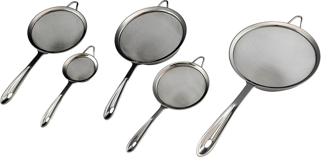 Pro Chef Kitchen Tools Stainless Steel Fine Mesh Strainer Set - 5 Essential Cooking Sieve Baskets for Sifting, Filtering, Straining or Draining Cold and High Temperature Liquids and Foods Safely