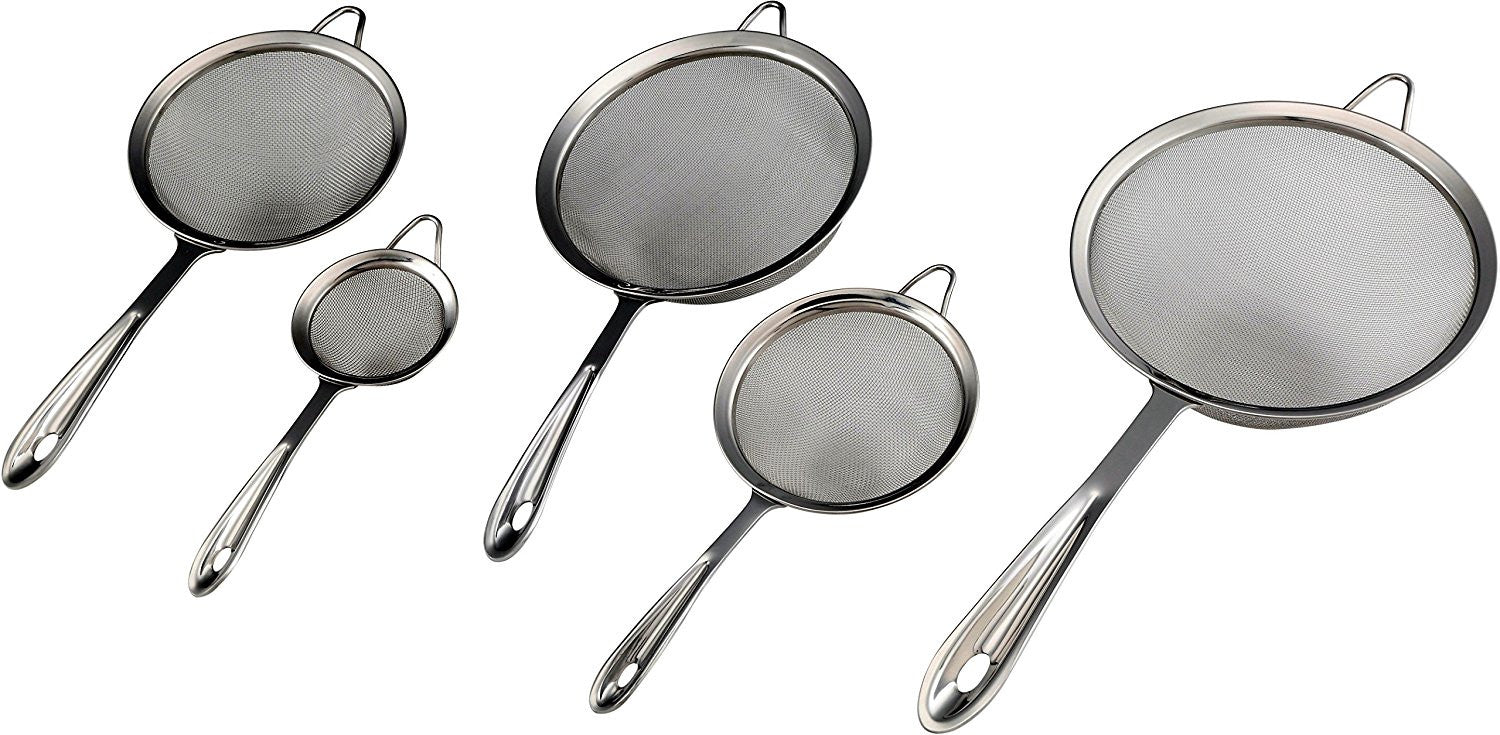 Pro Chef Kitchen Tools Stainless Steel Fine Mesh Strainer Set - 5 Essential Cooking Sieve Baskets for Sifting, Filtering, Straining or Draining Cold and High Temperature Liquids and Foods Safely