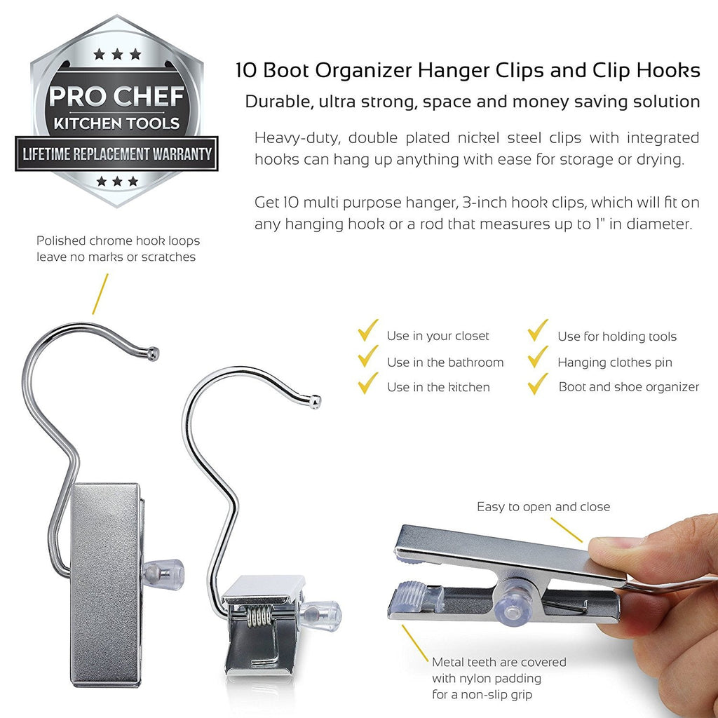 Pro Chef Kitchen Tools Stainless Steel Hanging Clip Hook - Set of 10 Brushed Nickel Clips to Organize and Hold Boots, Ball Caps, Baseball Hats, Laundry Hanger Metal Spring Clothespin Replacement