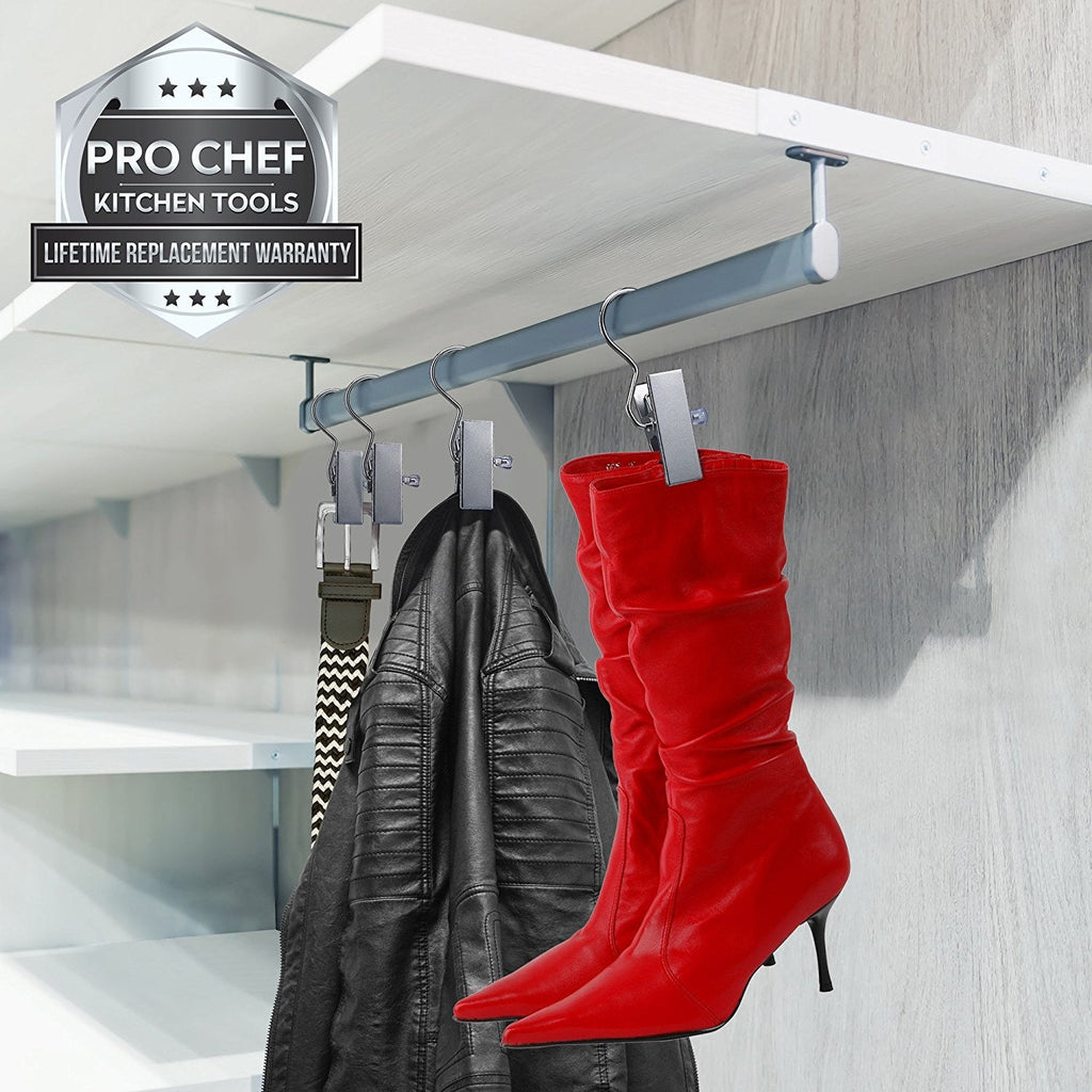 Pro Chef Kitchen Tools Stainless Steel Hanging Clip Hook - Set of 10 Brushed Nickel Clips to Organize and Hold Boots, Ball Caps, Baseball Hats, Laundry Hanger Metal Spring Clothespin Replacement