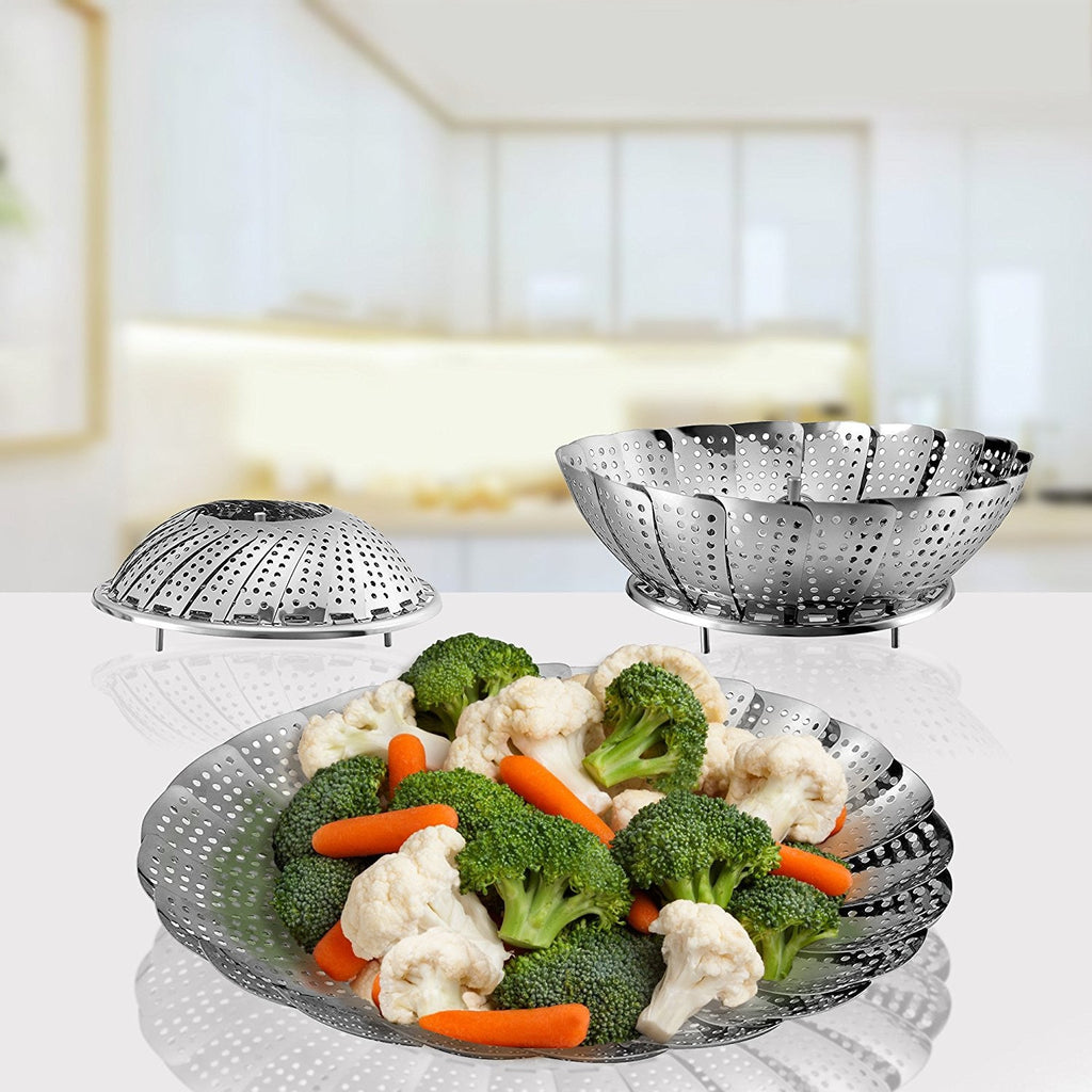 Pro Chef Kitchen Tools Stainless Steel Vegetable Steamer Basket - Set of 2 Collapsible Folding Steamers to Fit All Instant Pot Pressure Cookers and Stove Top Pots for Perfect Veggies