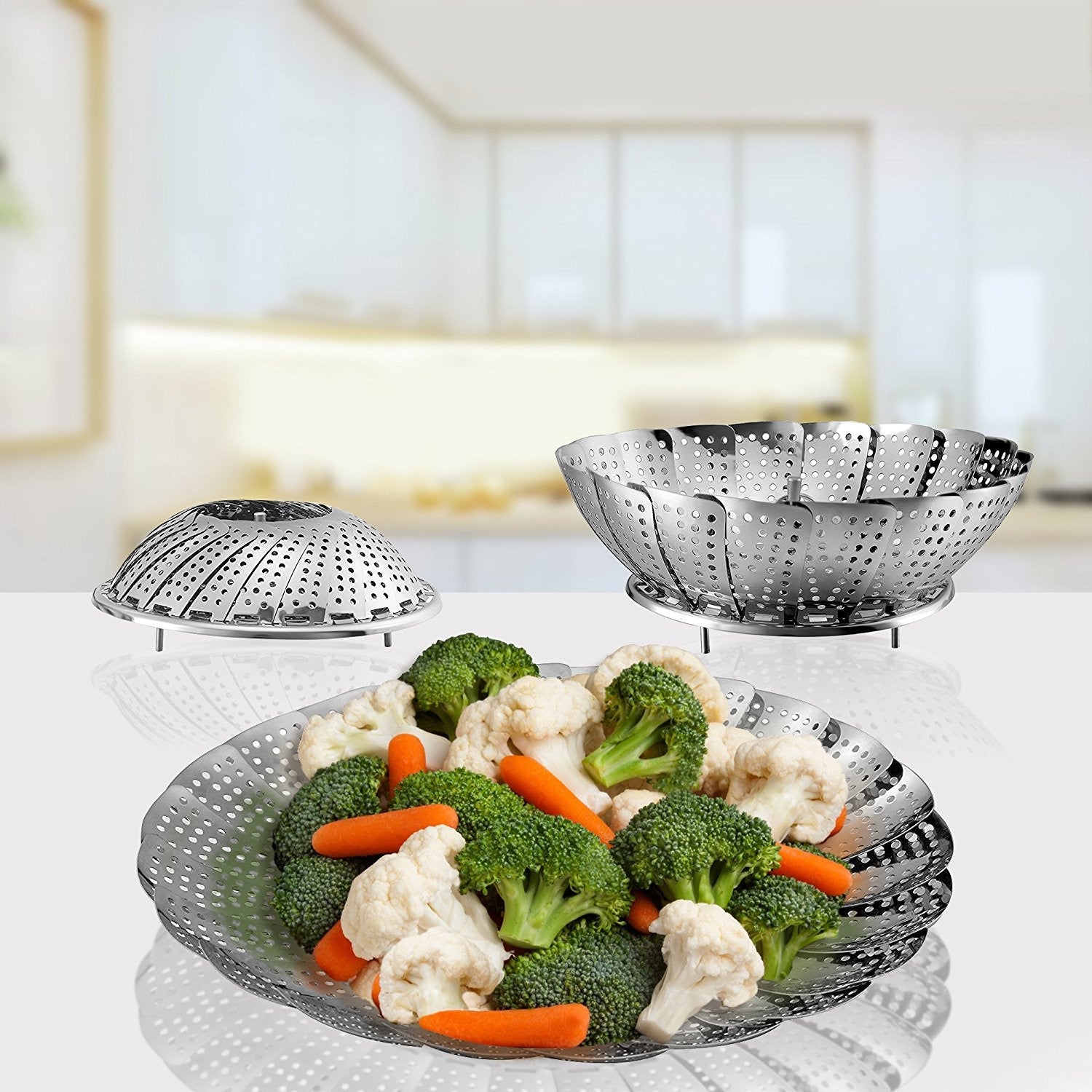 Pro Chef Kitchen Tools Stainless Steel Vegetable Steamer Basket - Set of 2 Collapsible Folding Steamers to Fit All Instant Pot Pressure Cookers and Stove Top Pots for Perfect Veggies