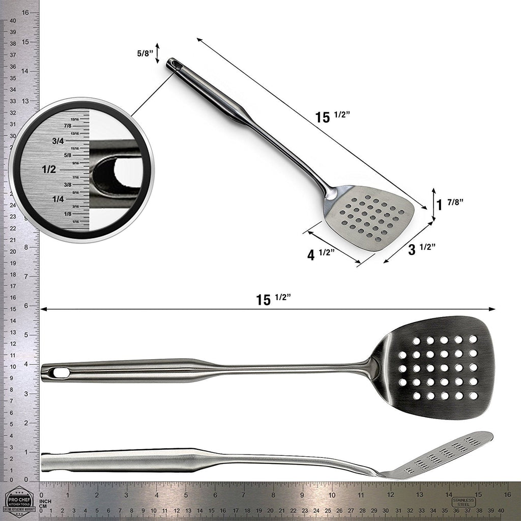 Pro Chef Kitchen Tools Stainless Steel Perforated Turner Spatula - Flipper with Drain Hole to Cook and Serve Fish, Burgers, Eggs, Pancakes and Holes Allow the Food to Easily Slide Off