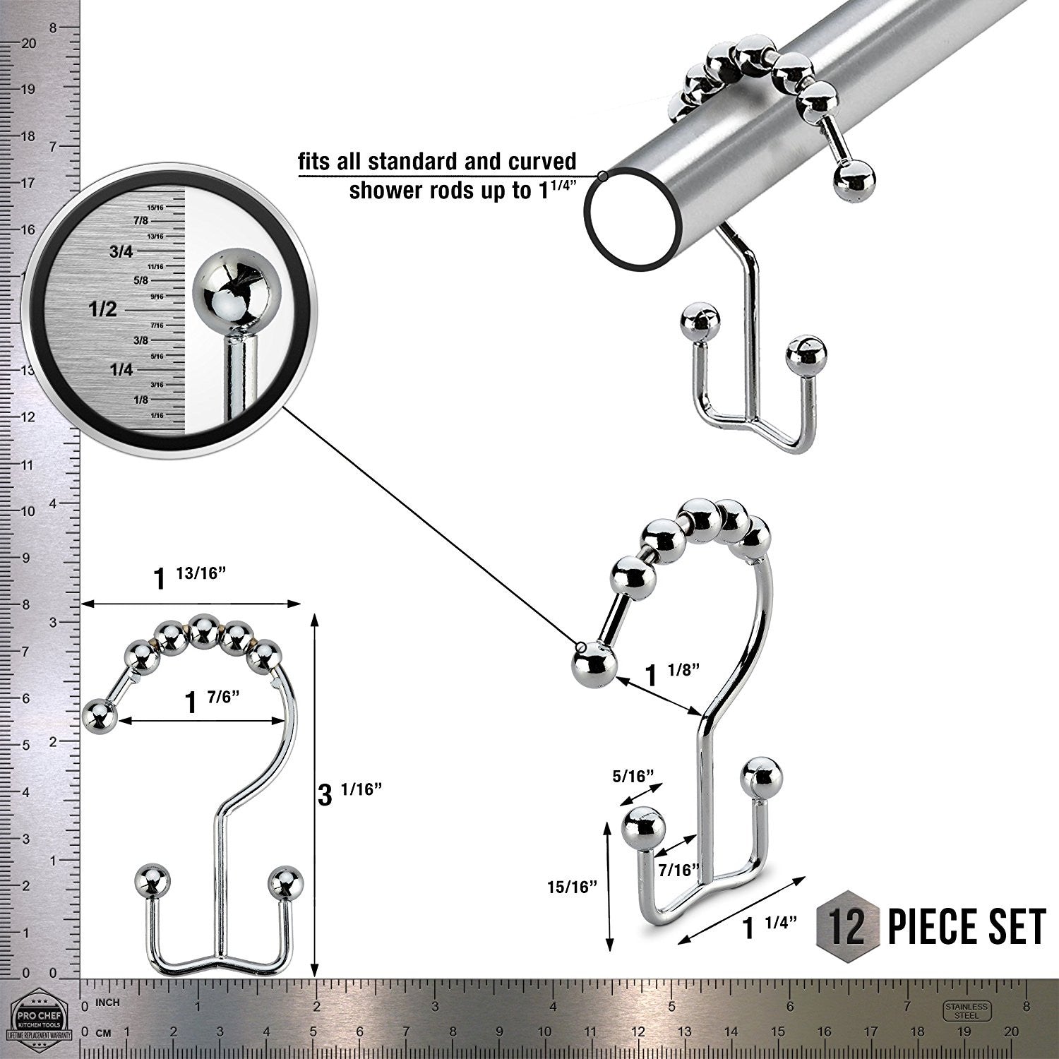 Shower Curtain Rings -12 Pack Set Of Double Polished Chrome Roller Ball Shower Curtain Hooks - Hang Both Beach Shower Liners And Bathroom Curtains On Straight And Curved Rods by Pro Chef Kitchen Tools