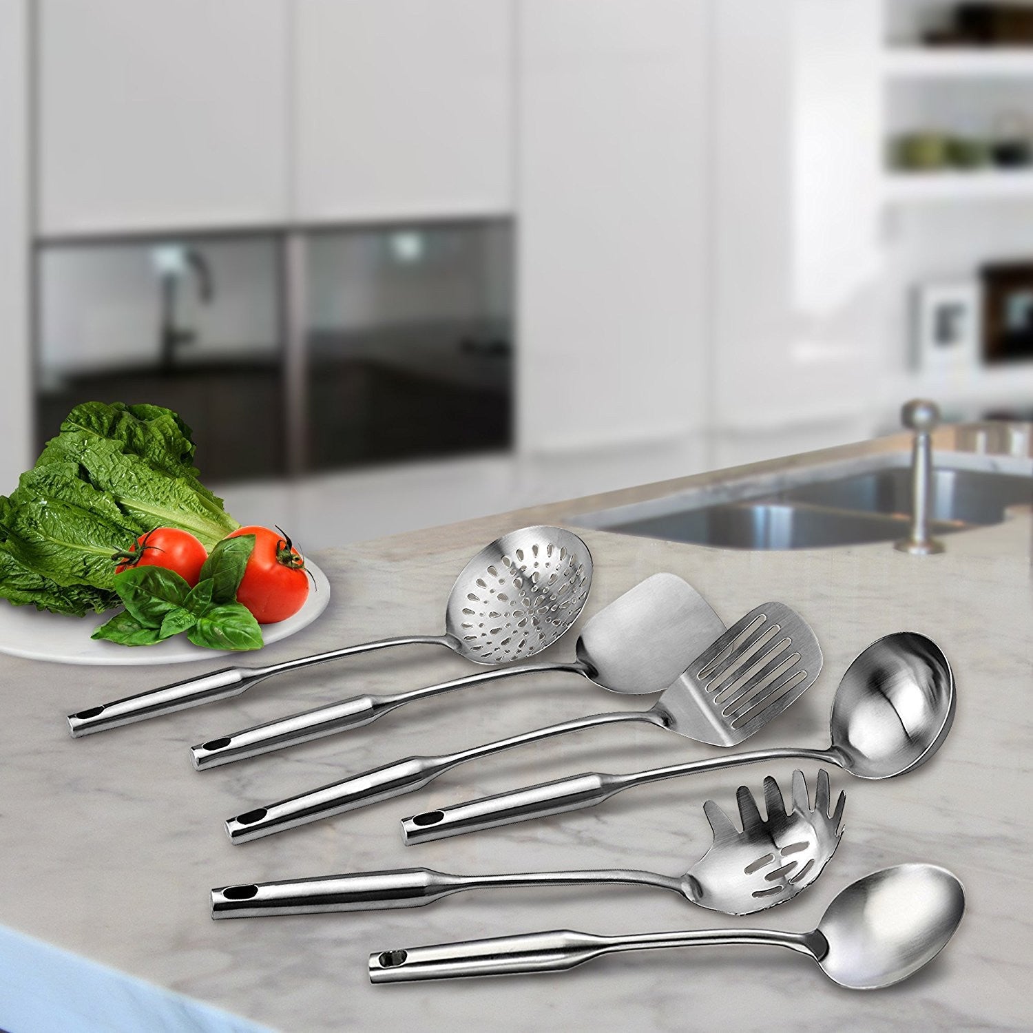 Pro Chef Kitchen Tools Stainless Steel Kitchen Utensil Set - 6 Essential Utensils for Easier Cooking, Baking, Grilling and Serving with Bonus Holder Stand to Help Keep You Organized