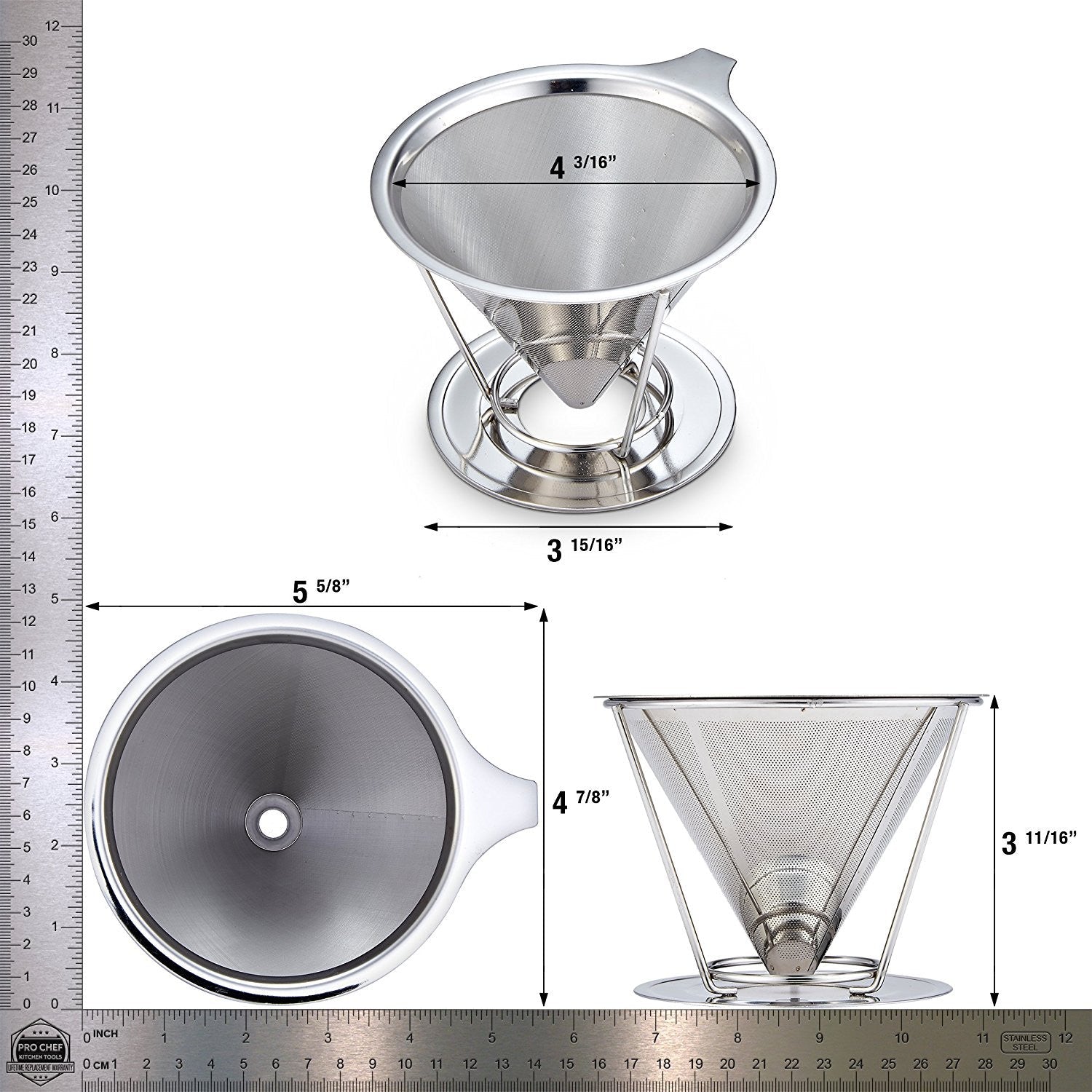 Pro Chef Kitchen Tools Stainless Steel Pour Over Coffee Maker - Reusable Cone Shaped Dripper Filter for Paperless Single Cup Brewed Hot or Cold Coffee and Loose Leaf Herbal Teas