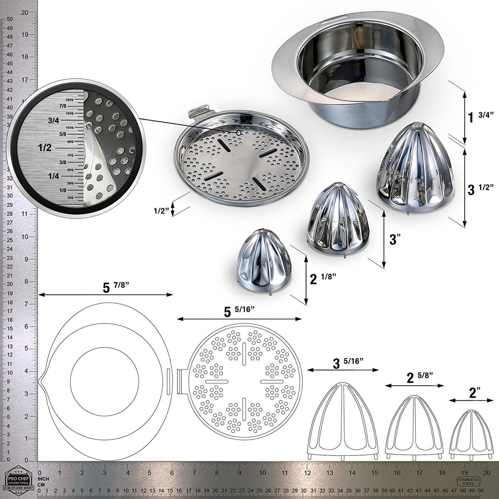 Pro Chef Kitchen Tools Stainless Steel Manual Citrus Juicer - 3 in 1 Adjustable Cup Style Hand Juice Press Extractor for Orchard Fresh Squeezed Lime, Lemon, Orange, Grapefruit Juices