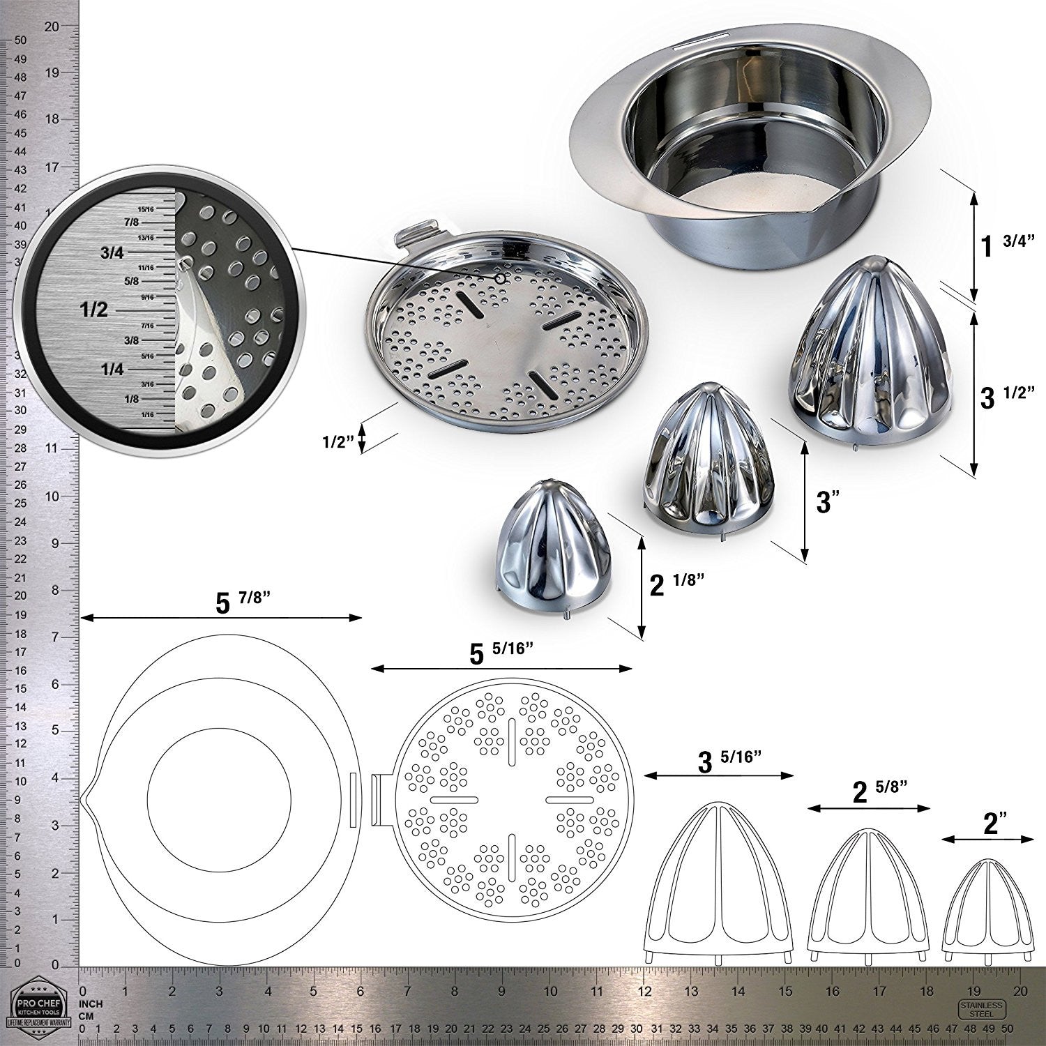 Pro Chef Kitchen Tools Stainless Steel Manual Citrus Juicer - 3 in 1 Adjustable Cup Style Hand Juice Press Extractor for Orchard Fresh Squeezed Lime, Lemon, Orange, Grapefruit Juices