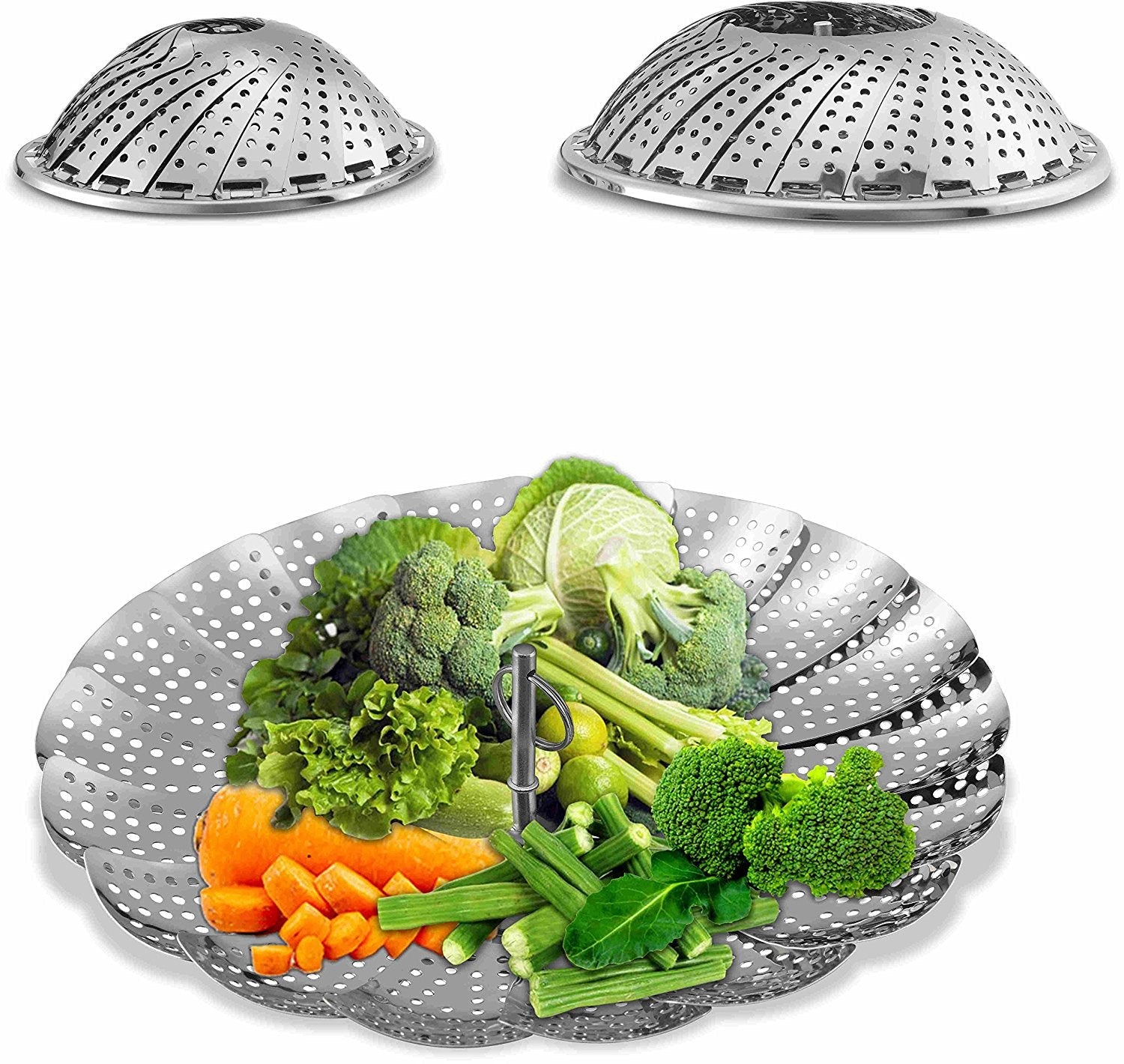 Pro Chef Kitchen Tools Stainless Steel Vegetable Steamer Basket - Set of 2 Collapsible Folding Steamers to Fit All Instant Pot Pressure Cookers and Stove Top Pots for Perfect Veggies