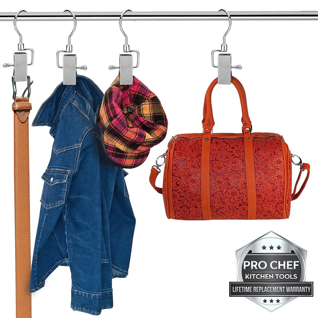 Pro Chef Kitchen Tools Stainless Steel Hanging Swivel Clip Hook - Set of 10 Swiveling Spring Clips with Hooks to Display Hang Boots, Caps, Hats, Laundry Hanger Metal Clothespin Clamps Replacement