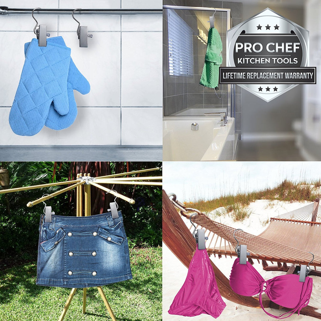 Pro Chef Kitchen Tools Stainless Steel Hanging Clip Hook - Set of 10 Brushed Nickel Clips to Organize and Hold Boots, Ball Caps, Baseball Hats, Laundry Hanger Metal Spring Clothespin Replacement