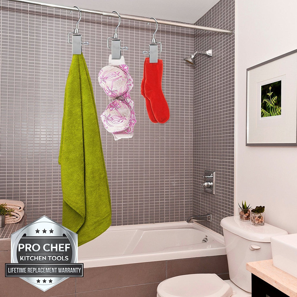 Pro Chef Kitchen Tools Stainless Steel Hanging Swivel Clip Hook - Set of 10 Swiveling Spring Clips with Hooks to Display Hang Boots, Caps, Hats, Laundry Hanger Metal Clothespin Clamps Replacement