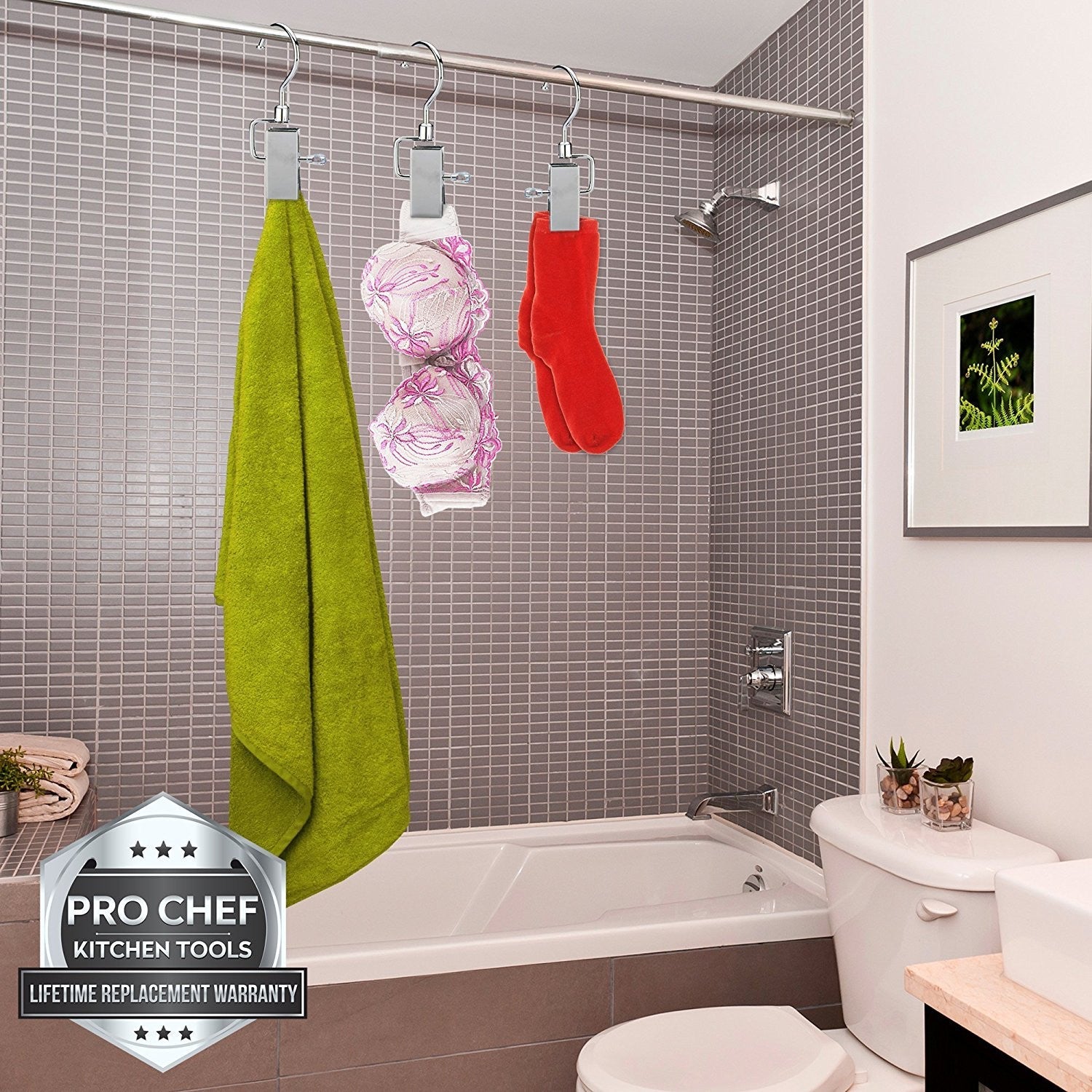 Pro Chef Kitchen Tools Stainless Steel Hanging Swivel Clip Hook - Set of 10 Swiveling Spring Clips with Hooks to Display Hang Boots, Caps, Hats, Laundry Hanger Metal Clothespin Clamps Replacement