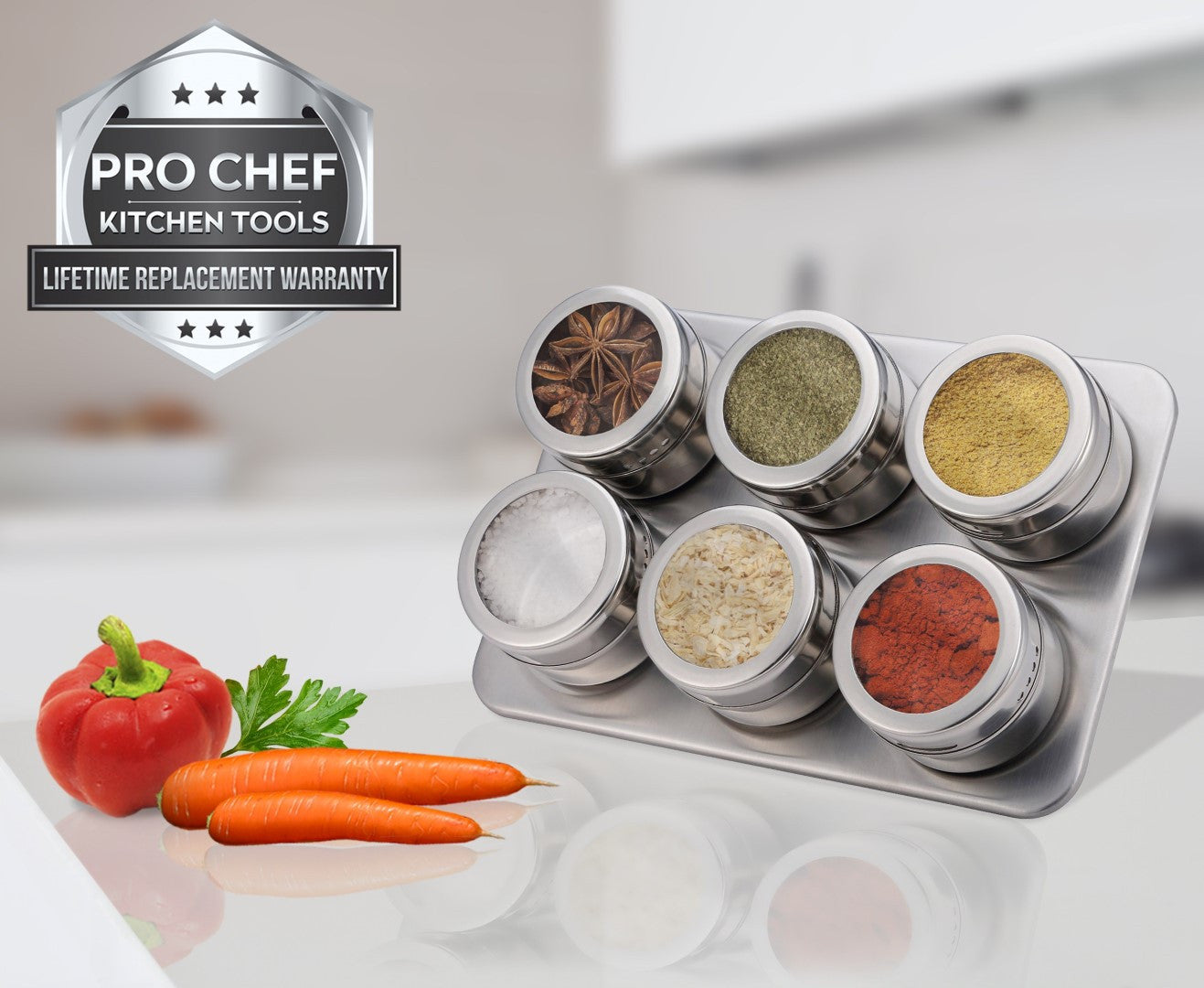 Pro Chef Kitchen Tools Stainless Steel Magnetic Spice Rack - 6 Piece Set with Adjustable Metal Stand to Organize and Hold Spices, Dried Herbs, Crafts, Sewing and Other Hard to Store Small Items