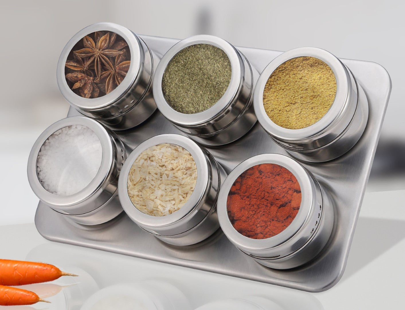 Pro Chef Kitchen Tools Stainless Steel Magnetic Spice Rack - 6 Piece Set with Adjustable Metal Stand to Organize and Hold Spices, Dried Herbs, Crafts, Sewing and Other Hard to Store Small Items