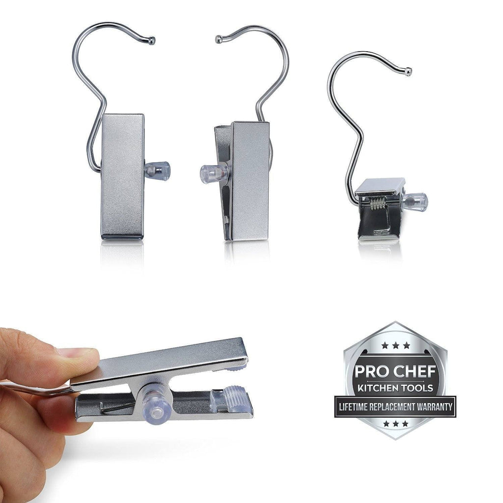Pro Chef Kitchen Tools Stainless Steel Hanging Clip Hook - Set of 10 Brushed Nickel Clips to Organize and Hold Boots, Ball Caps, Baseball Hats, Laundry Hanger Metal Spring Clothespin Replacement