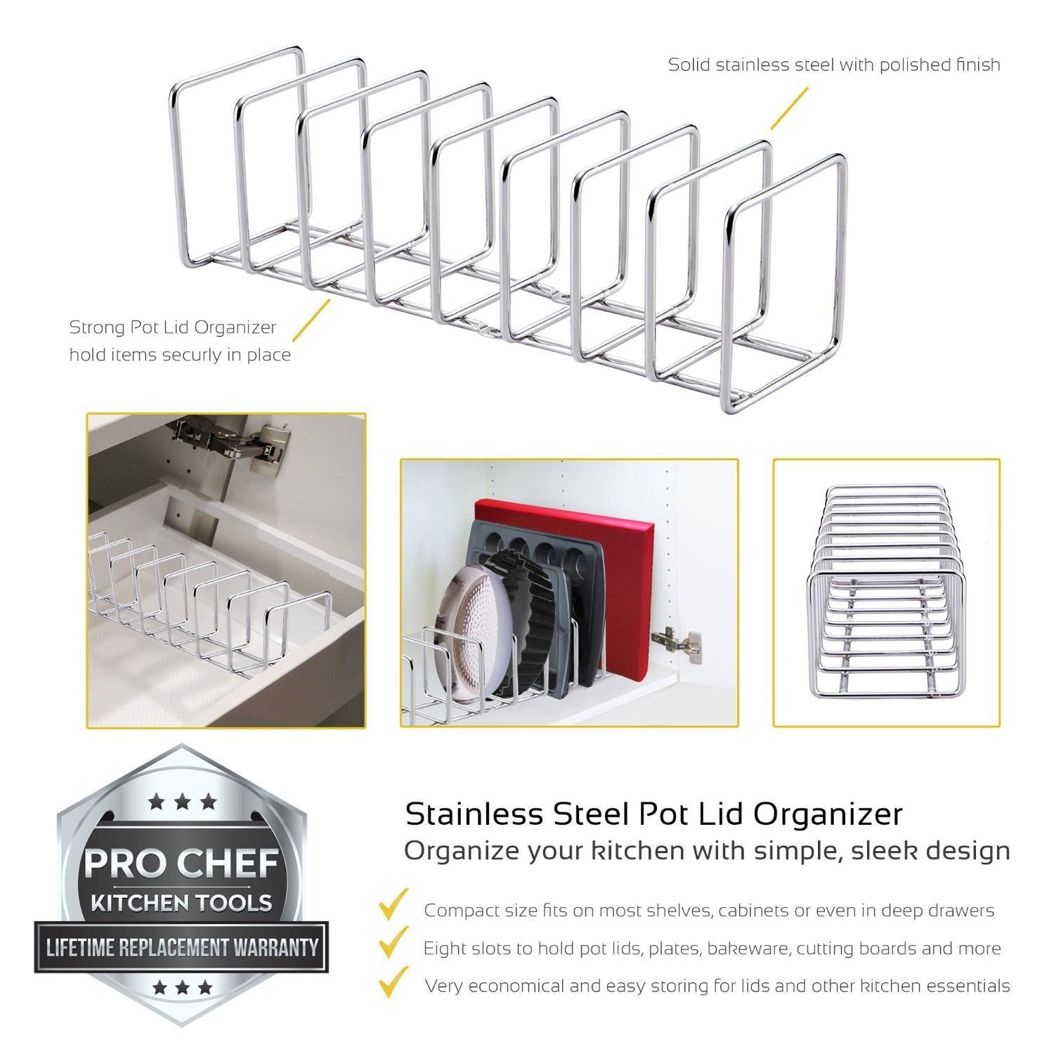 Pro Chef Kitchen Tools Stainless Steel Pot Lid Organizer - Keep Your Cabinets Organized with Metal Vertical Storage Shelf To Hold Pan Lids, Plates, Dishes, Cutting Boards