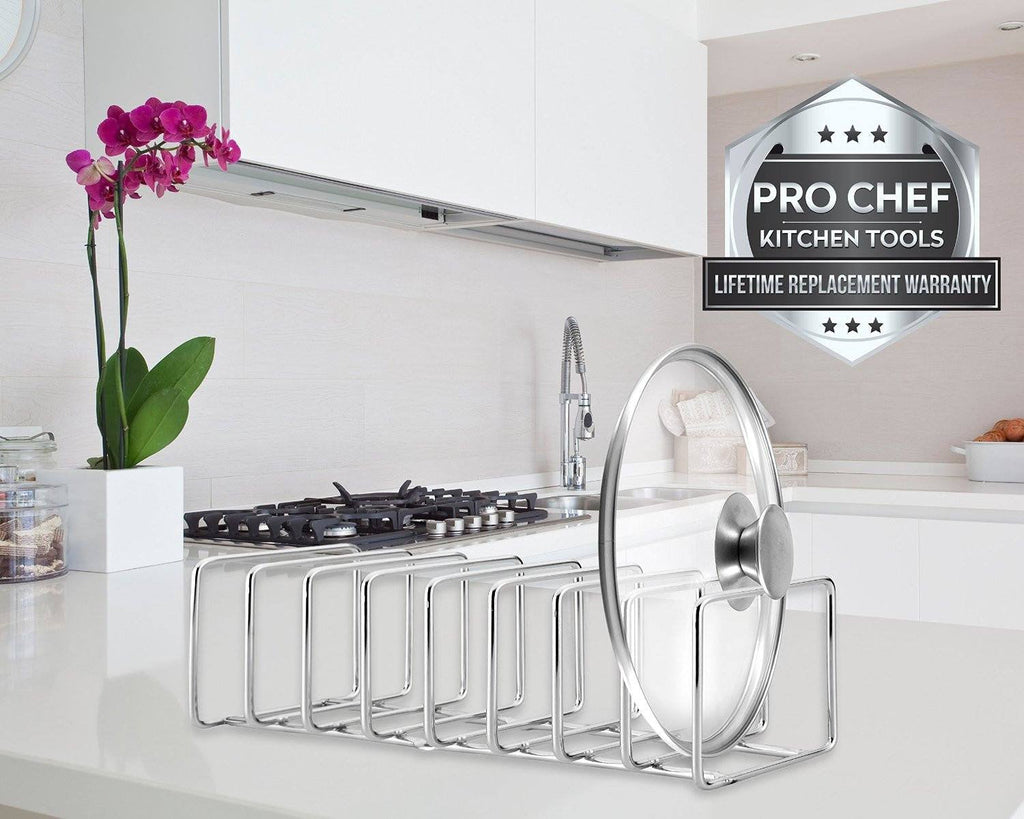 Pro Chef Kitchen Tools Stainless Steel Pot Lid Organizer - Keep Your Cabinets Organized with Metal Vertical Storage Shelf To Hold Pan Lids, Plates, Dishes, Cutting Boards