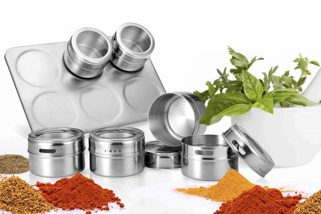 Pro Chef Kitchen Tools Stainless Steel Magnetic Spice Rack - 6 Piece Set with Adjustable Metal Stand to Organize and Hold Spices, Dried Herbs, Crafts, Sewing and Other Hard to Store Small Items