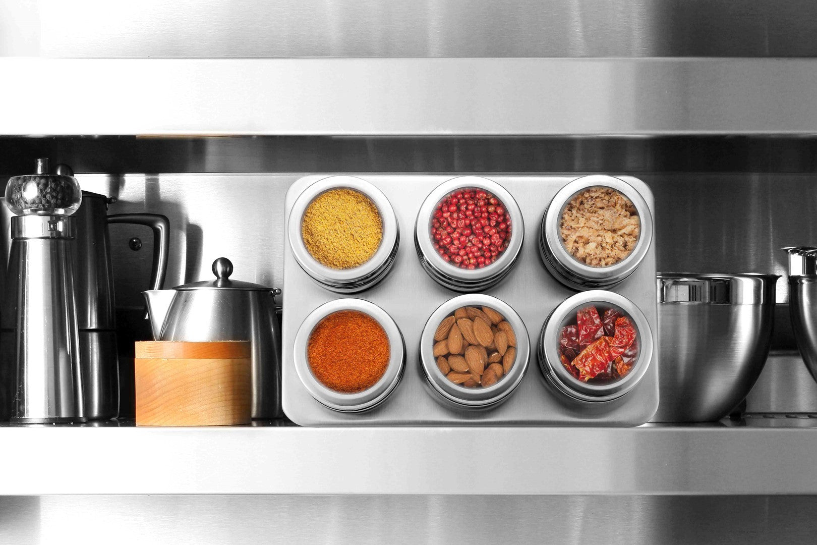 Pro Chef Kitchen Tools Stainless Steel Magnetic Spice Rack - 6 Piece Set with Adjustable Metal Stand to Organize and Hold Spices, Dried Herbs, Crafts, Sewing and Other Hard to Store Small Items