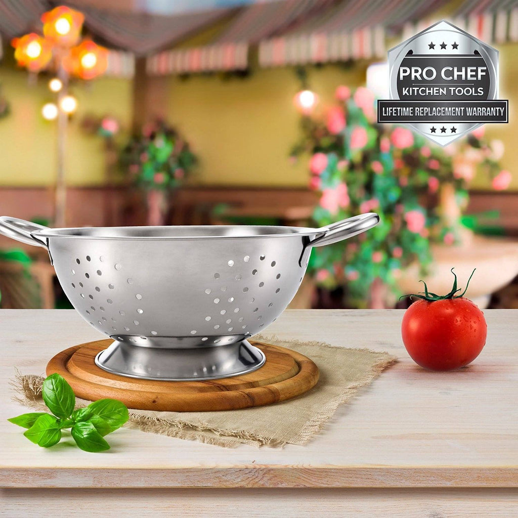 Pro Chef Kitchen Tools Stainless Steel Colander Strainer - Metal Kitchen Sink Pasta Drainer with Wide Grip Basket Handles to Strain Large Pots Noodles, Wash Berries, Fruits, Vegetables, Salads