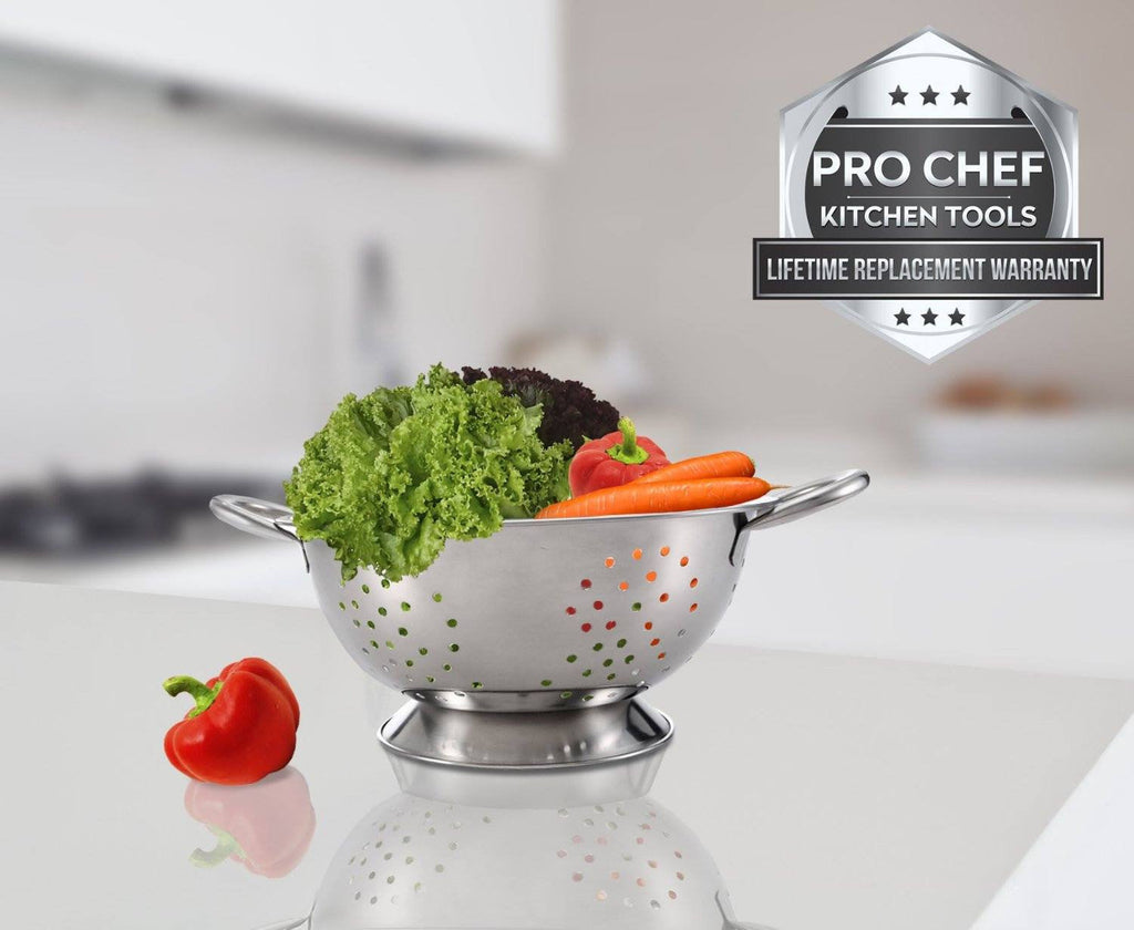 Pro Chef Kitchen Tools Stainless Steel Colander Strainer - Metal Kitchen Sink Pasta Drainer with Wide Grip Basket Handles to Strain Large Pots Noodles, Wash Berries, Fruits, Vegetables, Salads