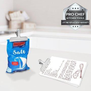 Pro Chef Kitchen Tools Stainless Steel Chip Bag Clip - Set of 6 Heavy Duty, Wide Jaw Bulldog Binder Clips for a Tight Grip Seal on Potato Chips, Coffee Bags, Fresh Food Storage
