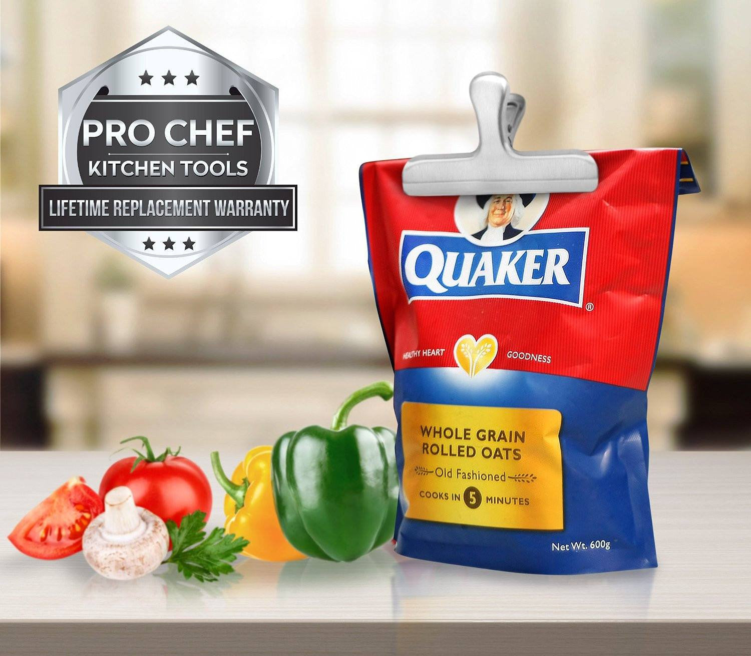 Pro Chef Kitchen Tools Stainless Steel Chip Bag Clip - Set of 6 Heavy Duty, Wide Jaw Bulldog Binder Clips for a Tight Grip Seal on Potato Chips, Coffee Bags, Fresh Food Storage