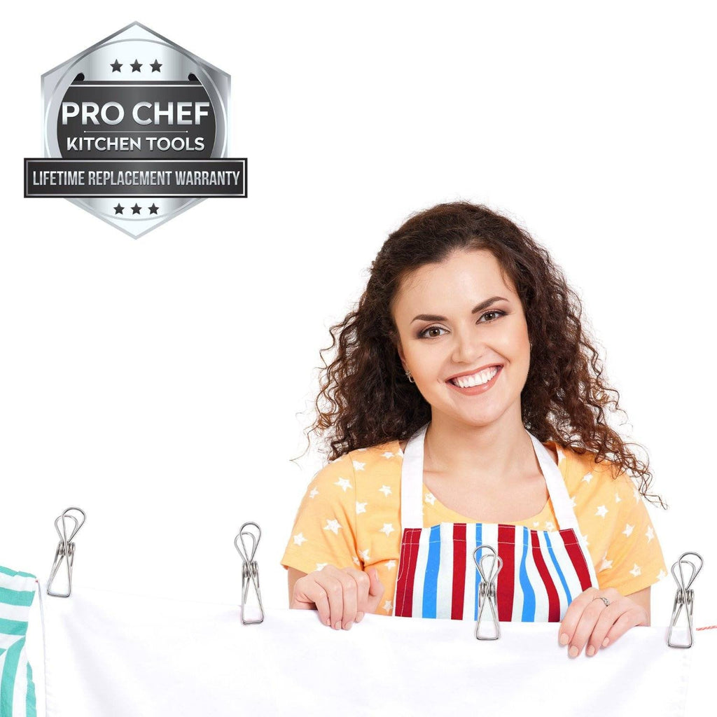 Laundry Clothes Pins - Clothesline Clips - Travel Clothes Line Stainless Steel Wire Metal Laundry Clip - Set Of 24 Indoor Outdoor Hanger Clamps - Chip Bag Clips - Office Binder by Pro Chef Kitchen Tools