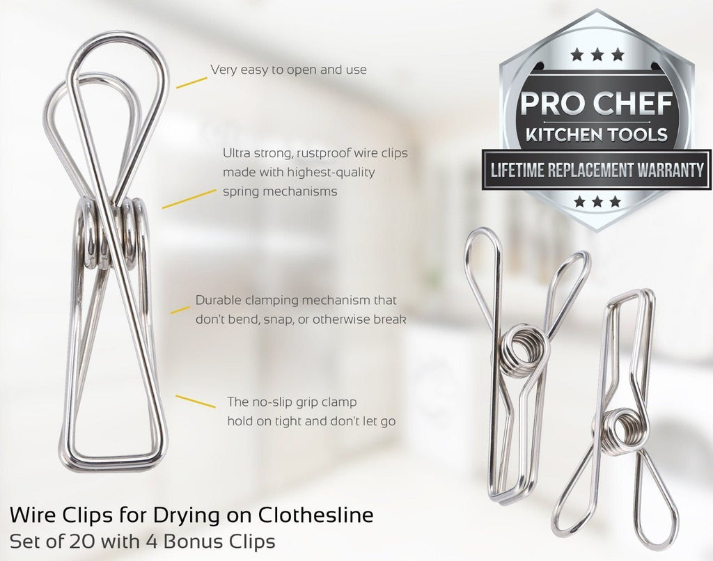 Laundry Clothes Pins - Clothesline Clips - Travel Clothes Line Stainless Steel Wire Metal Laundry Clip - Set Of 24 Indoor Outdoor Hanger Clamps - Chip Bag Clips - Office Binder by Pro Chef Kitchen Tools